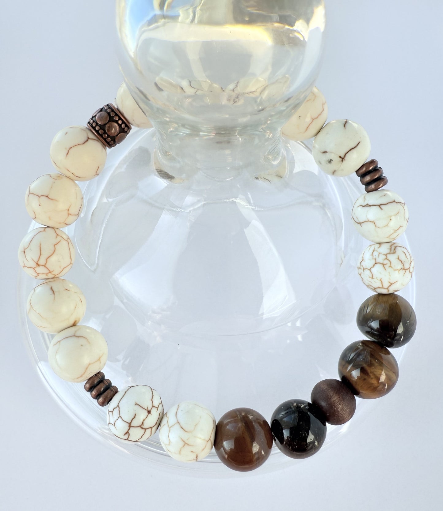 Off-White Howlite & Brown Tiger's Eye Gemstone Beaded Stretch Bracelet