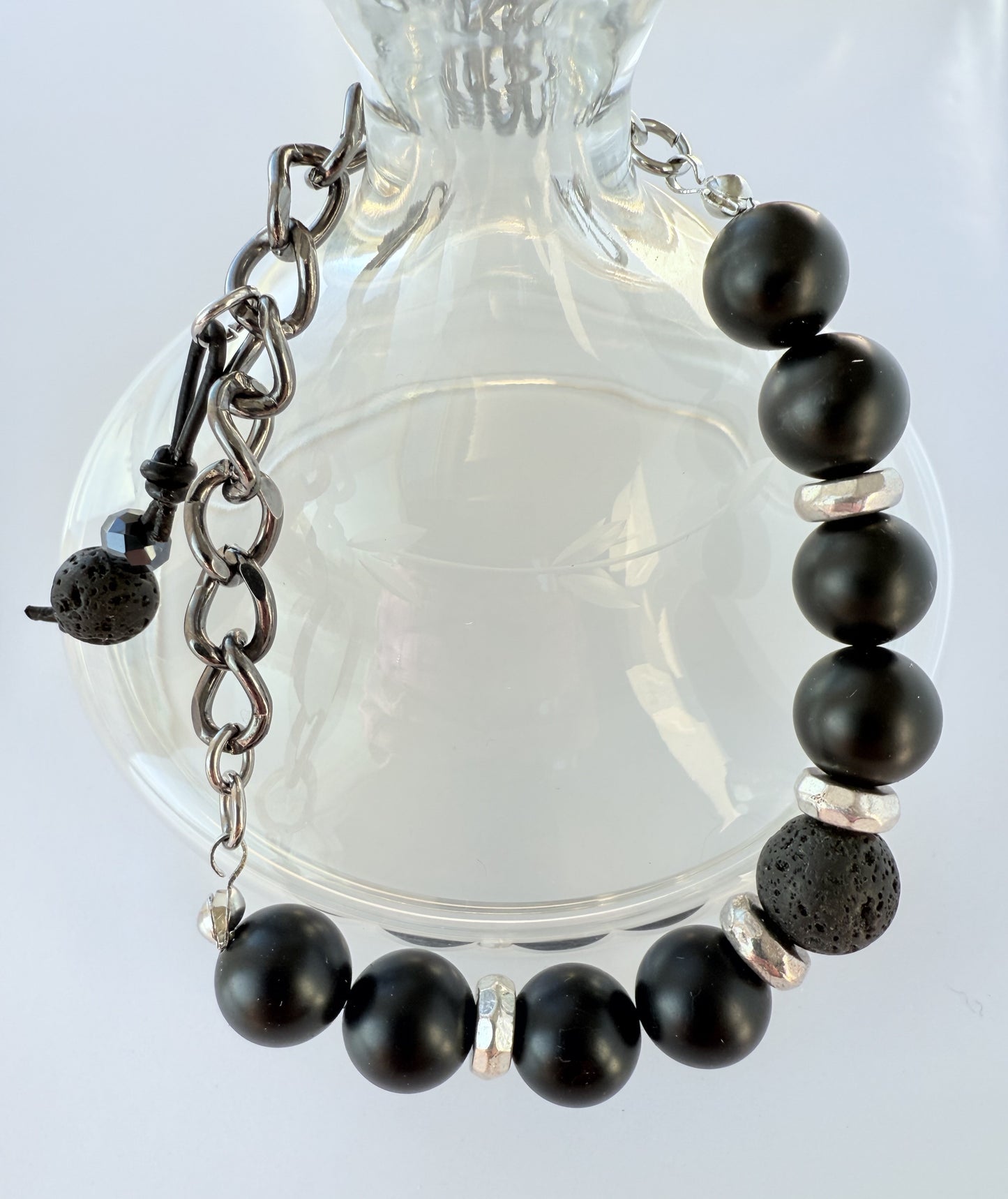 Black Matte Jasper Gemstone Beaded Stretch Bracelet with Silver Chain