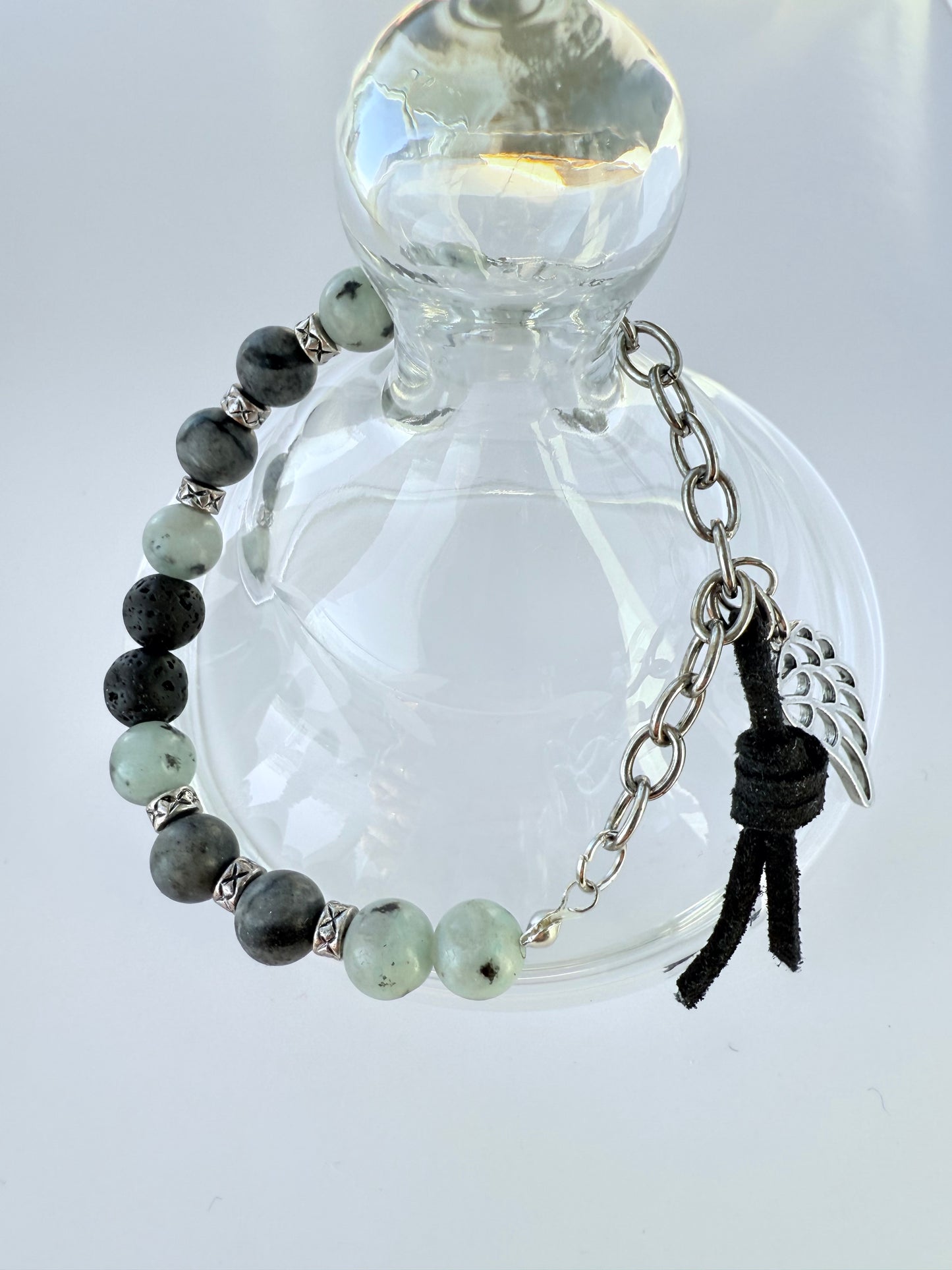 Grey Agate Gemstone Beaded Stretch Bracelet with Silver Chain