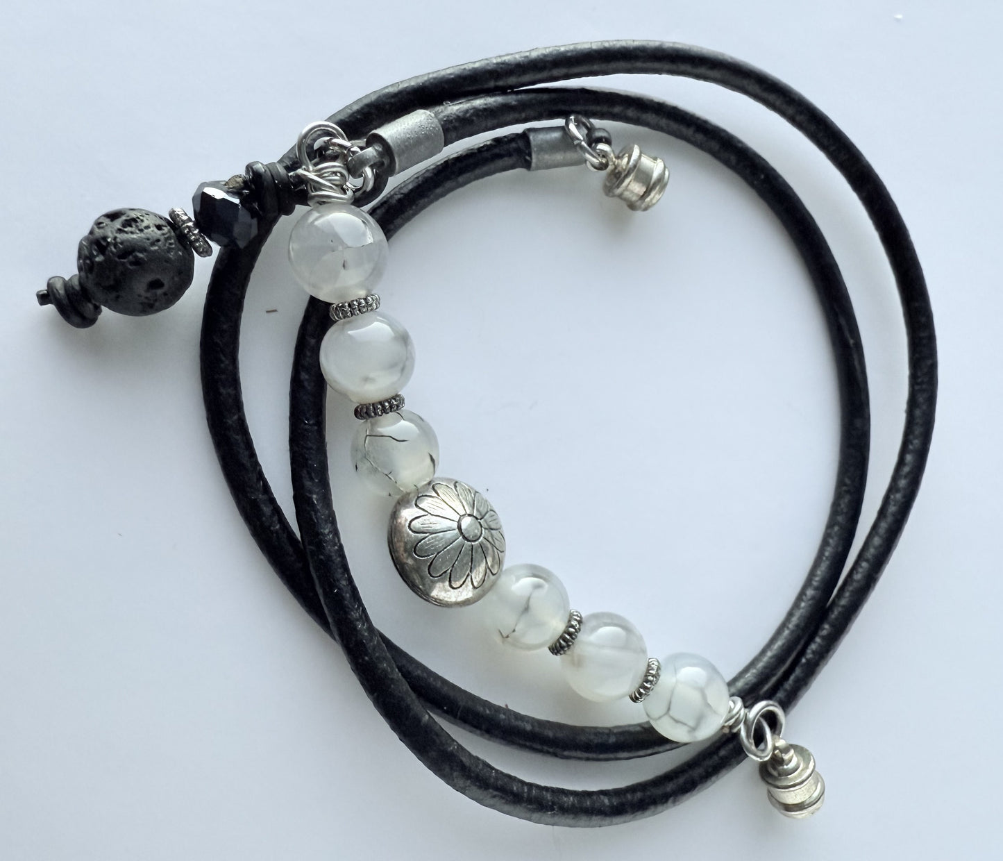 Triple-Wrap Leather & Grey Agate Gemstone Beaded Bracelet