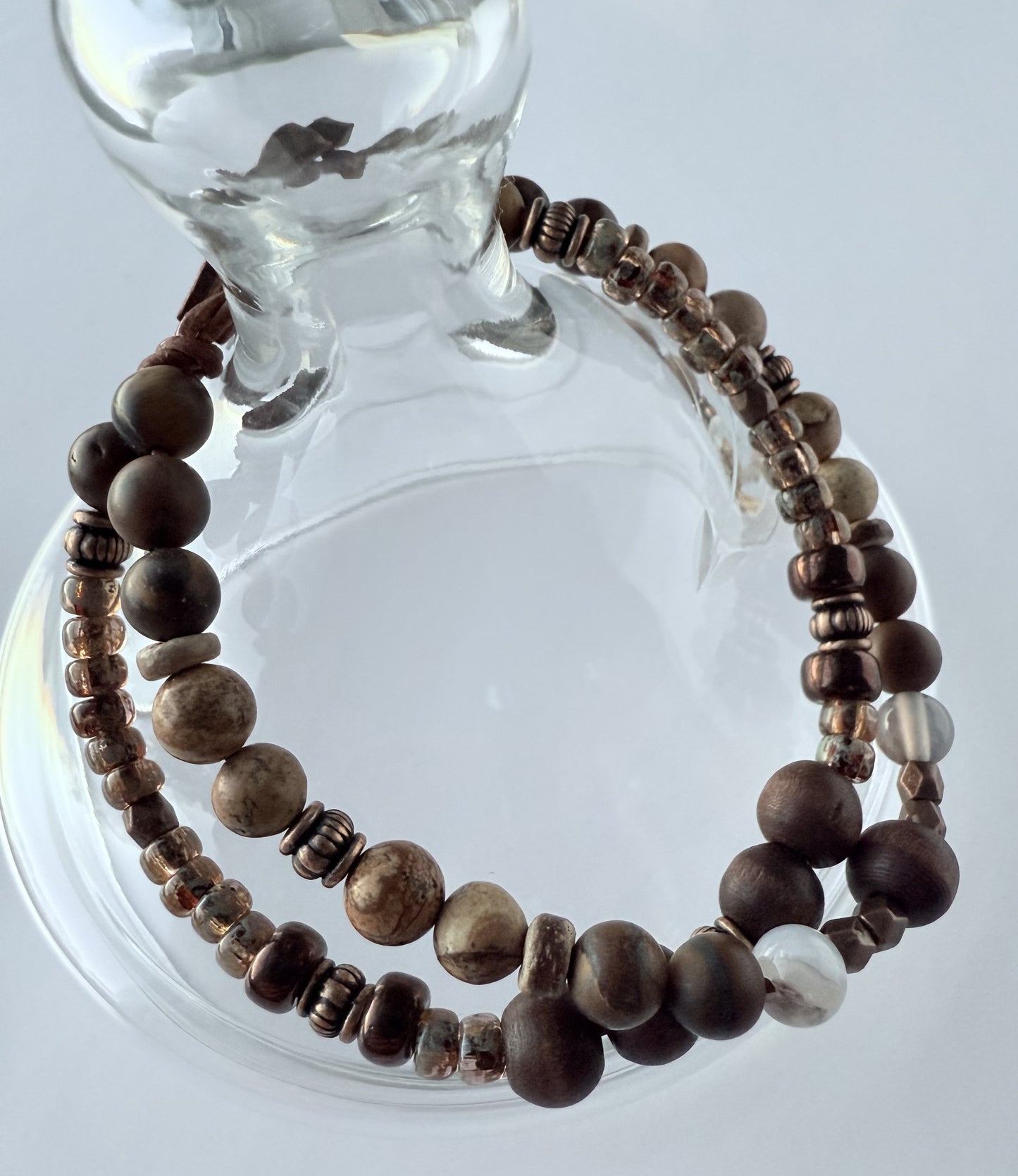 Double-Strand Leather Bracelet with Neutral/Brown Coloured Seed & Wood Beads