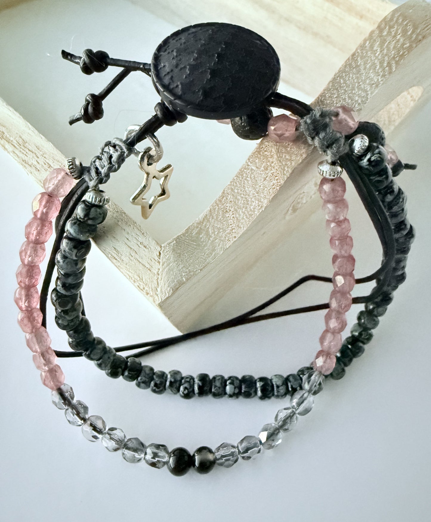 Quad-Strand Leather Bracelet with Black Seed Beads & Pink Czech Glass Beads