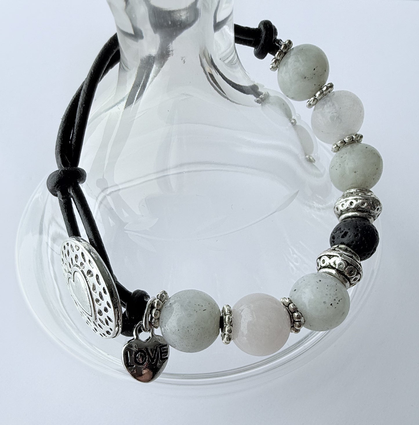 Leather Bracelet with Grey Agate Gemstone Beads