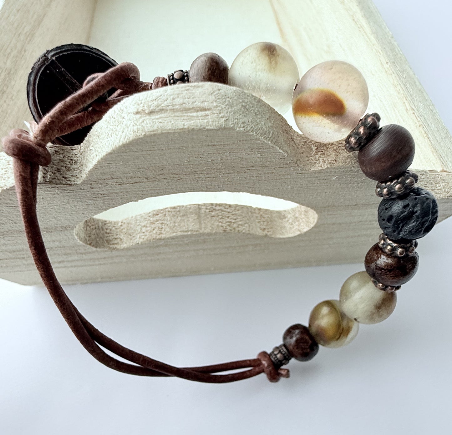 Leather Bracelet with Neutral Agate Gemstone & Wood Beads