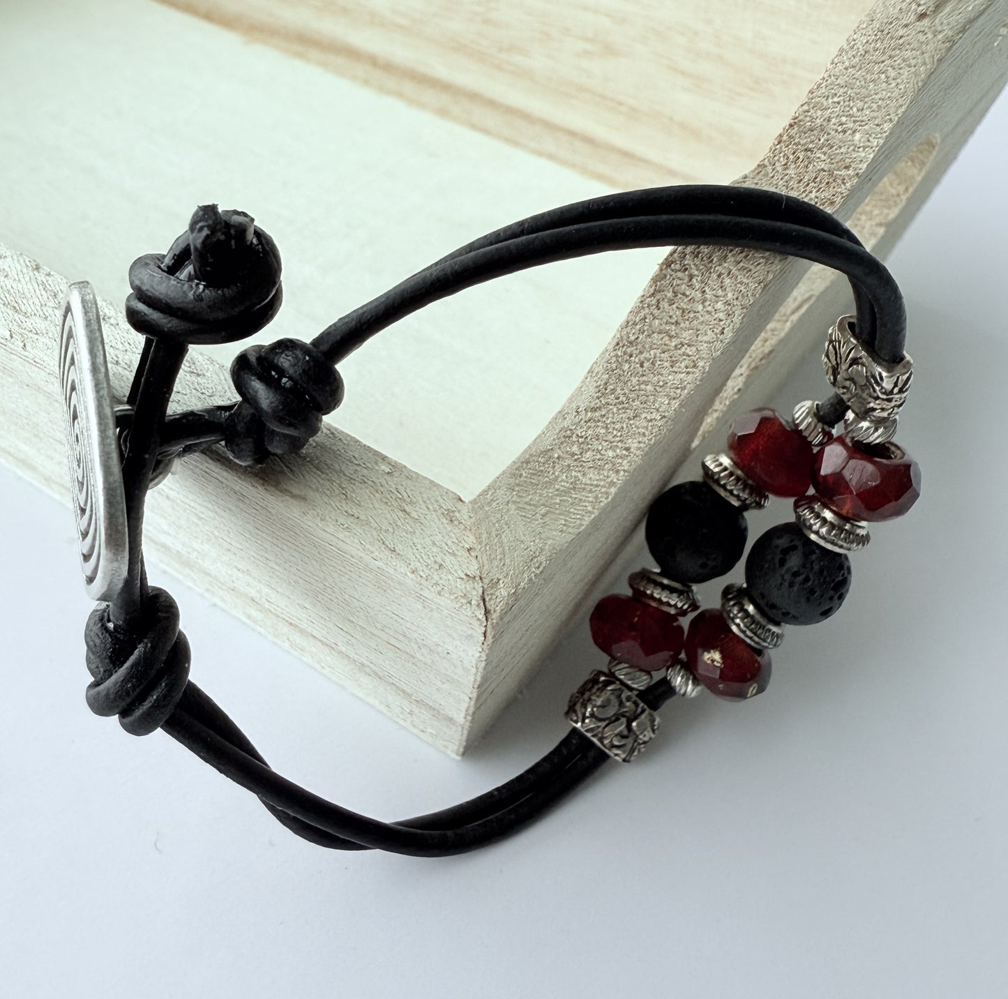 Leather Bracelet with Red Czech Glass Beads