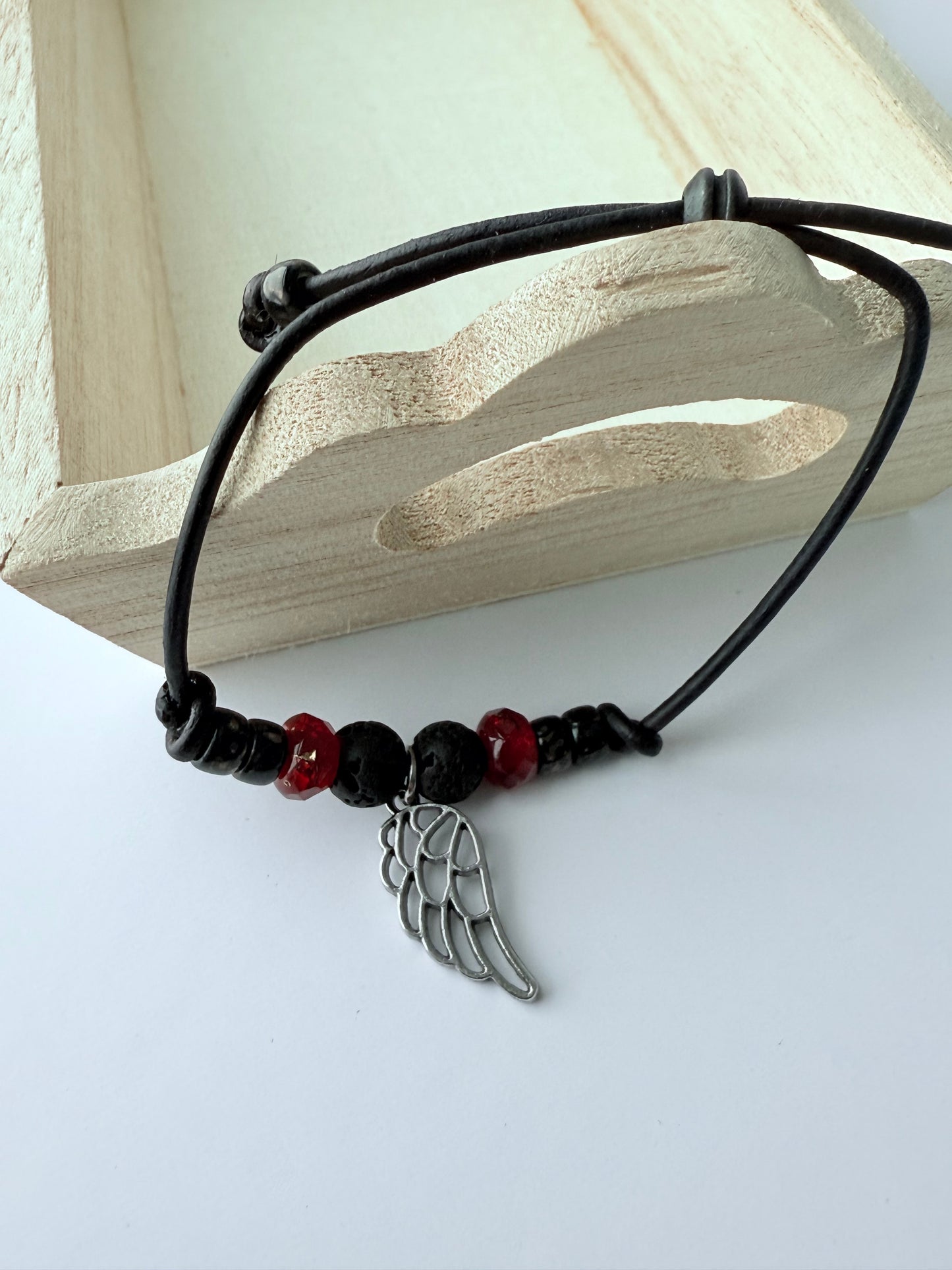 Leather Bracelet with Red & Black Czech Glass Beads