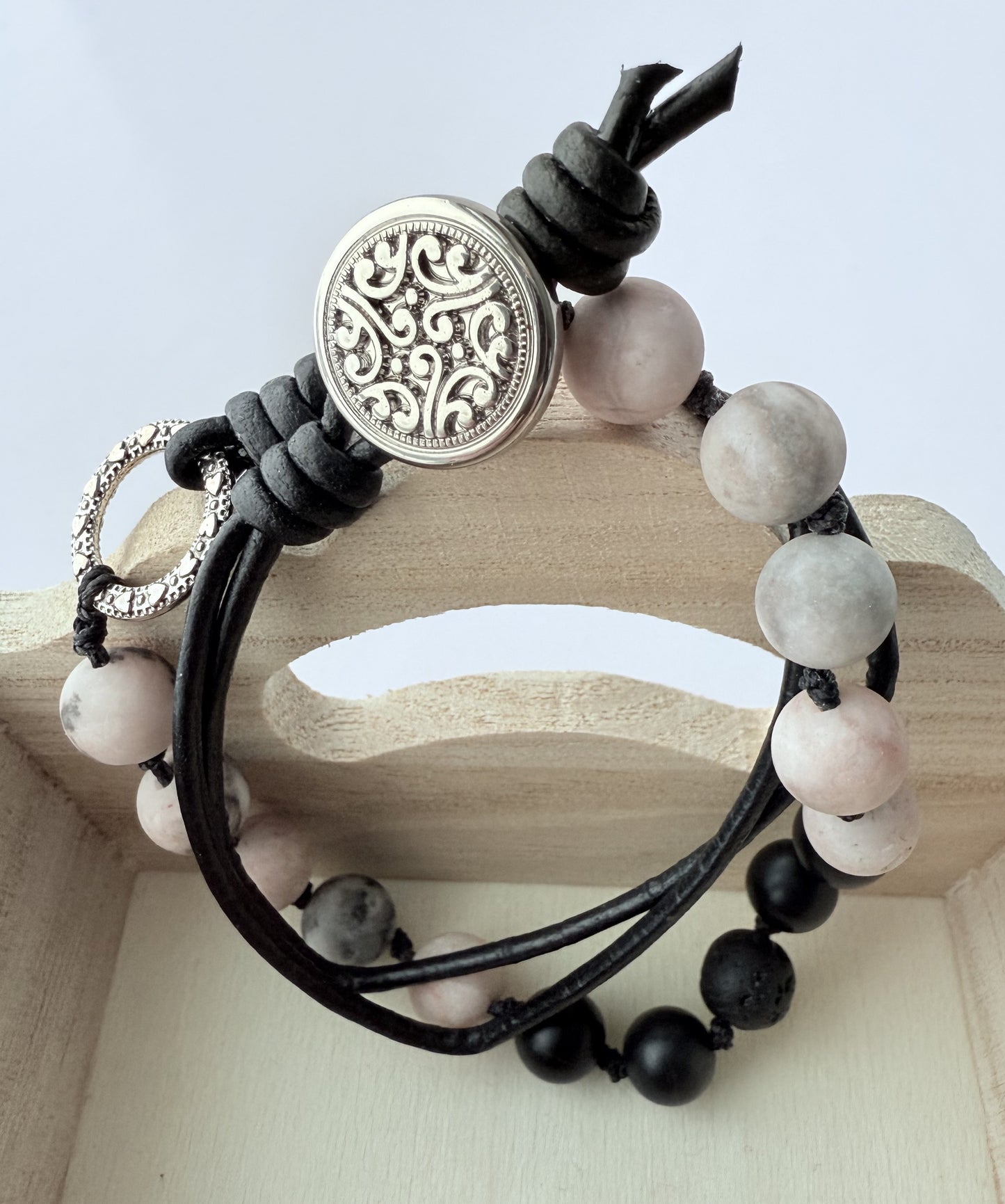Double-Wrap Knotted Bracelet, Black Agate & Pink Zebra Jasper Gemstone Beads on Leather Cording