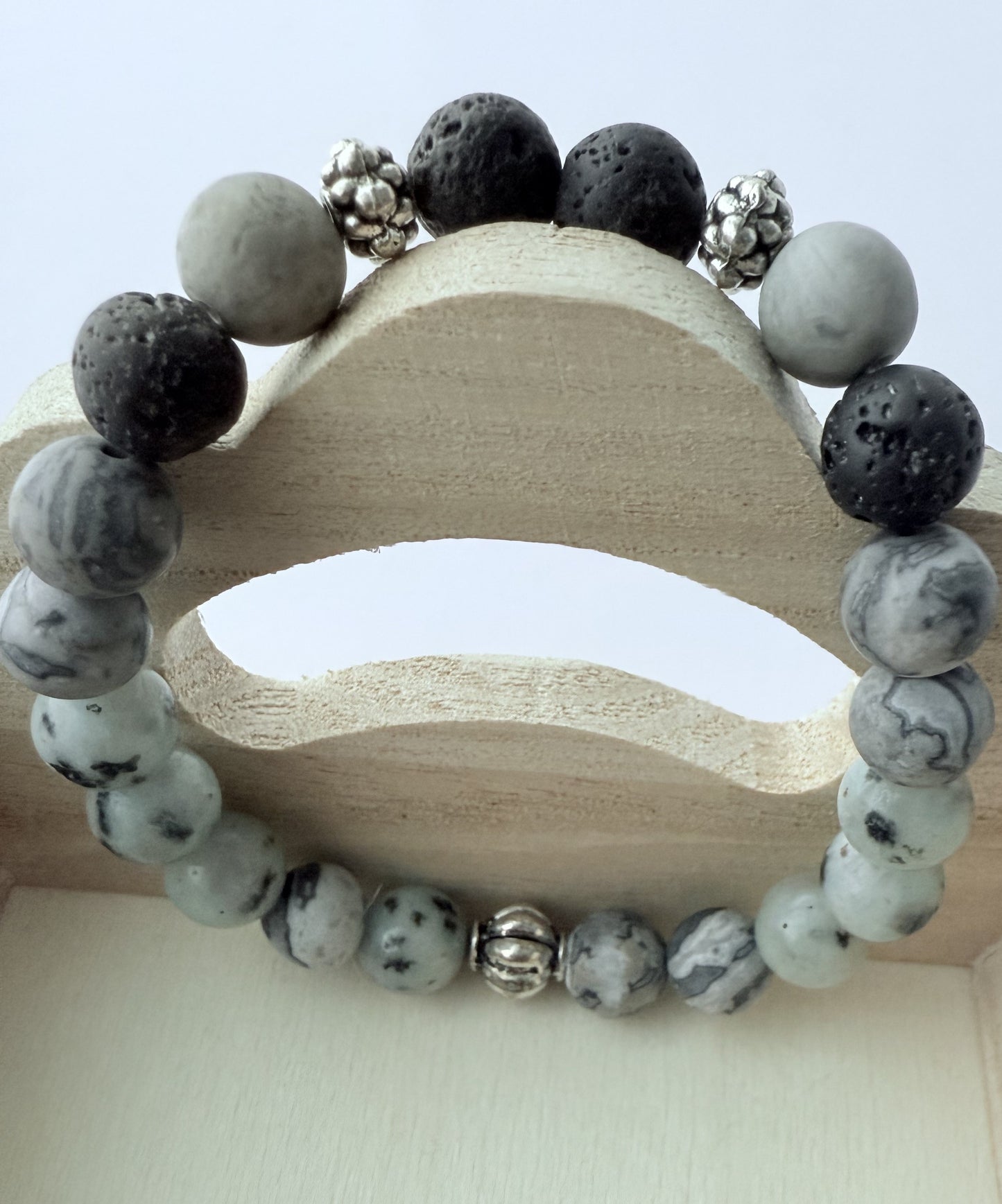 Grey Agate & Grey Spotted Jasper Gemstone Beaded Stretch Bracelet