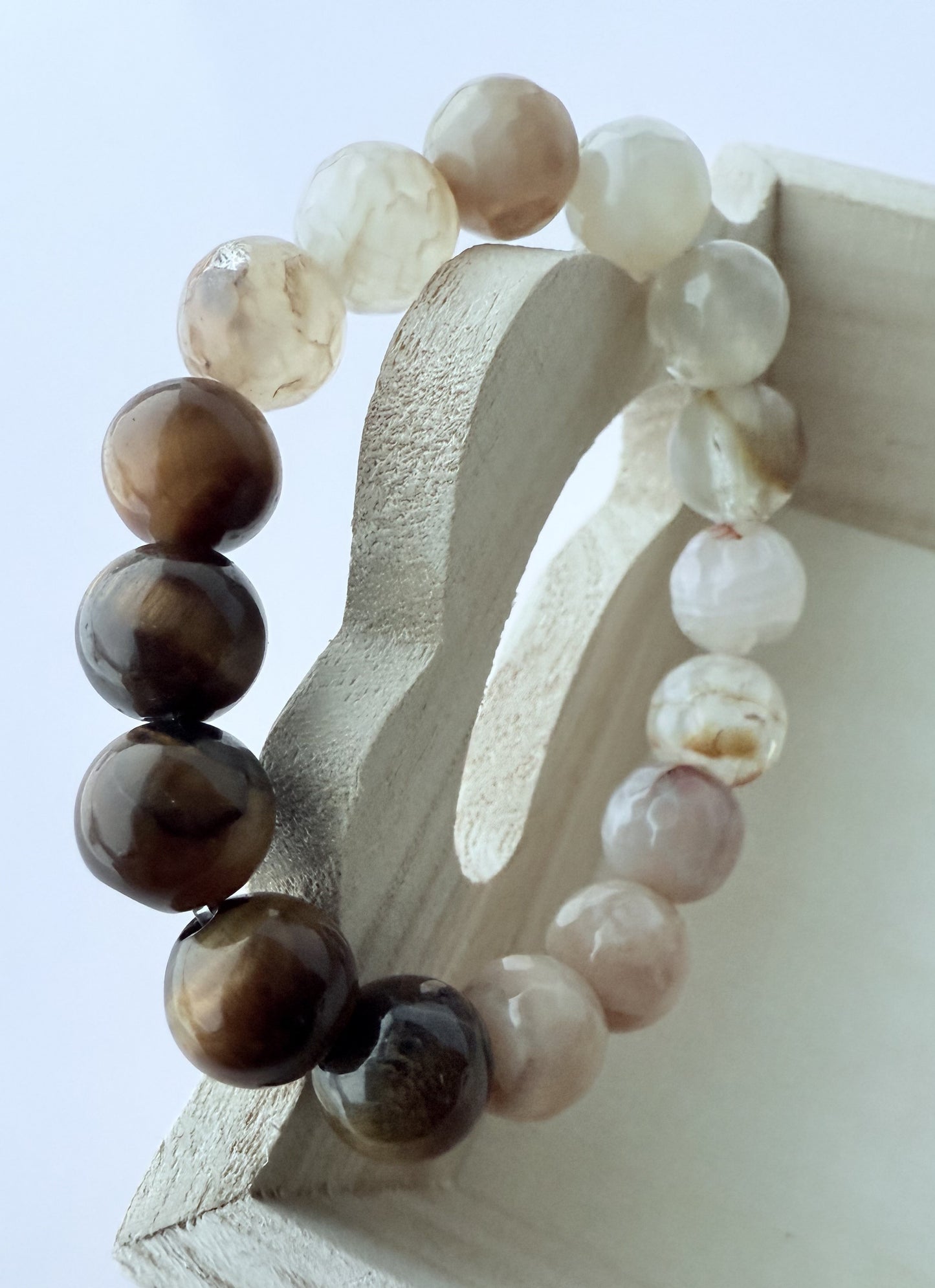 Tiger's Eye & Crackle Agate Gemstone Beaded Stretch Bracelet