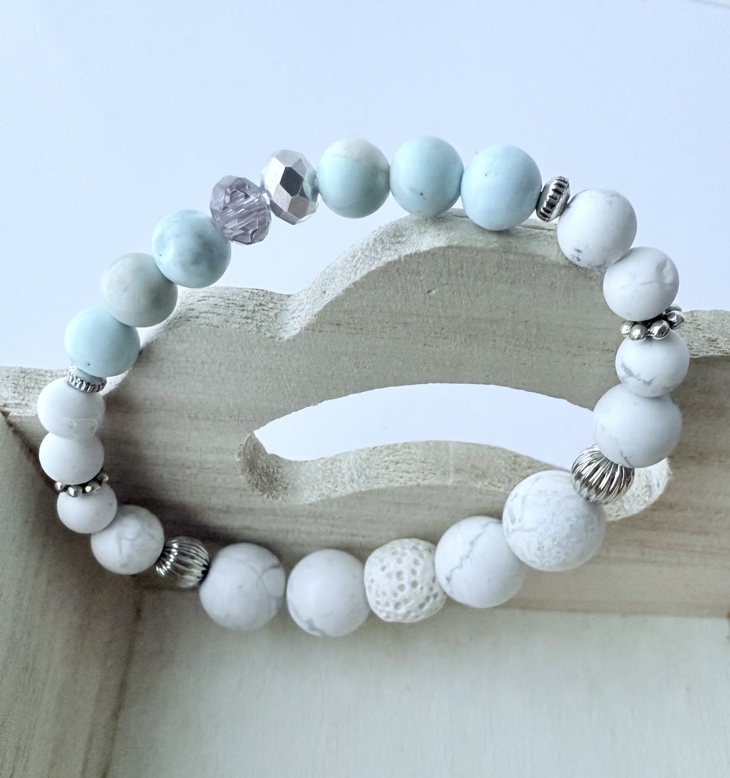 White Howlite & Robin Egg Blue Jasper Gemstone Beaded Stretch Bracelet