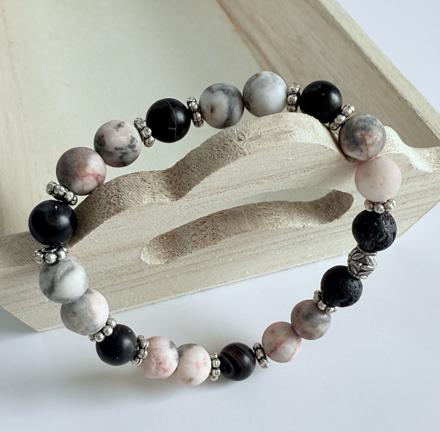 Pink Zebra Jasper & Black Agate Gemstone Beaded Stretch Bracelet