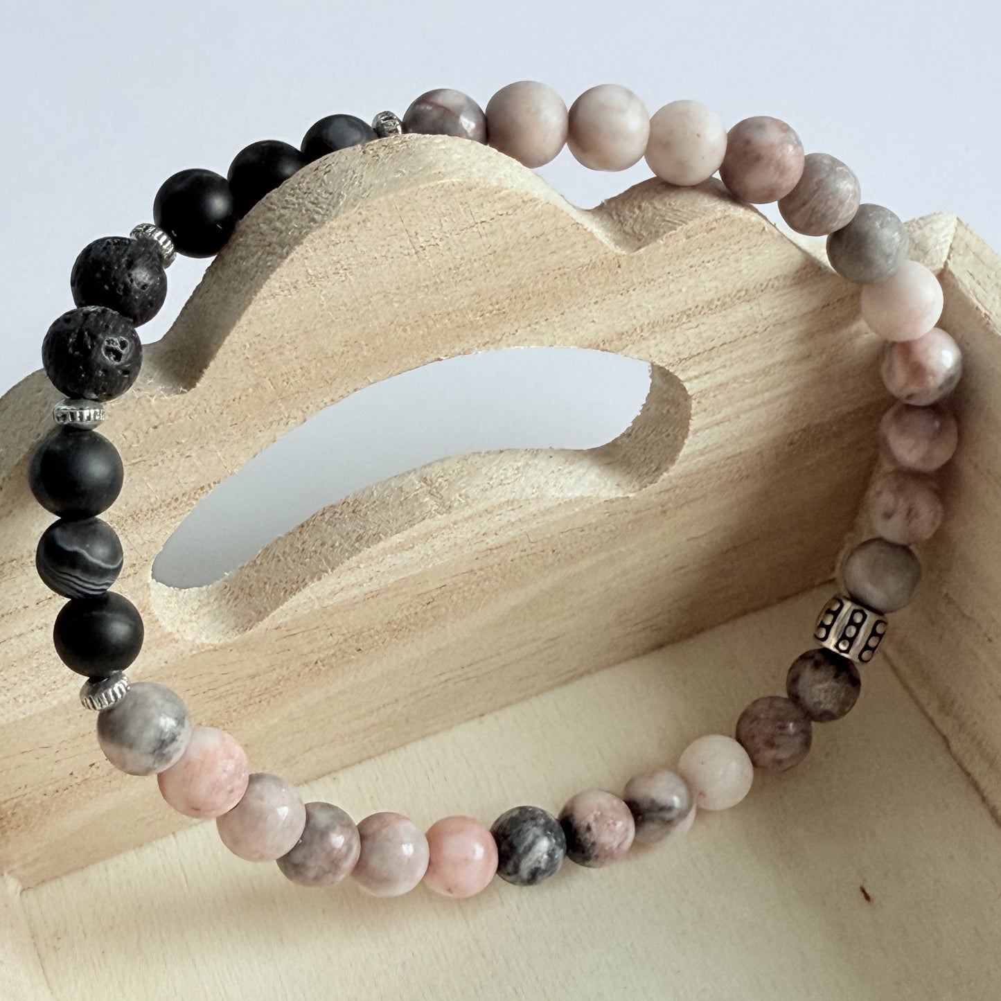Pink Zebra Jasper & Black Agate Gemstone Beads Stretch Bracelet