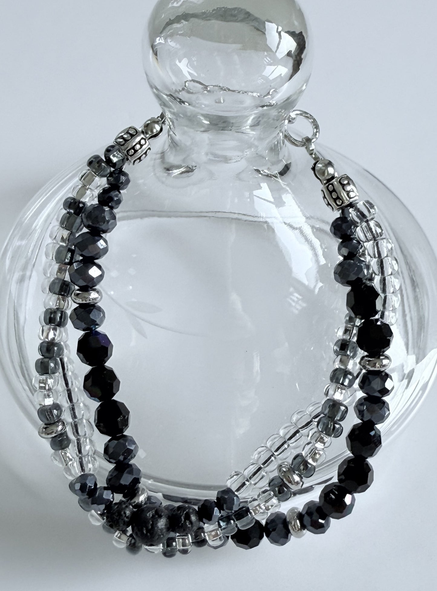 Triple-Strand Bracelet with Black Glass, Czech Glass & Seed beads