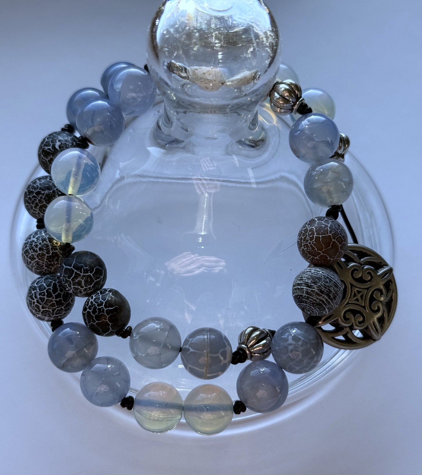 Double-Wrap Knotted Bracelet with Blue Agate Gemstone & Opalite Glass Beads on Leather Cording