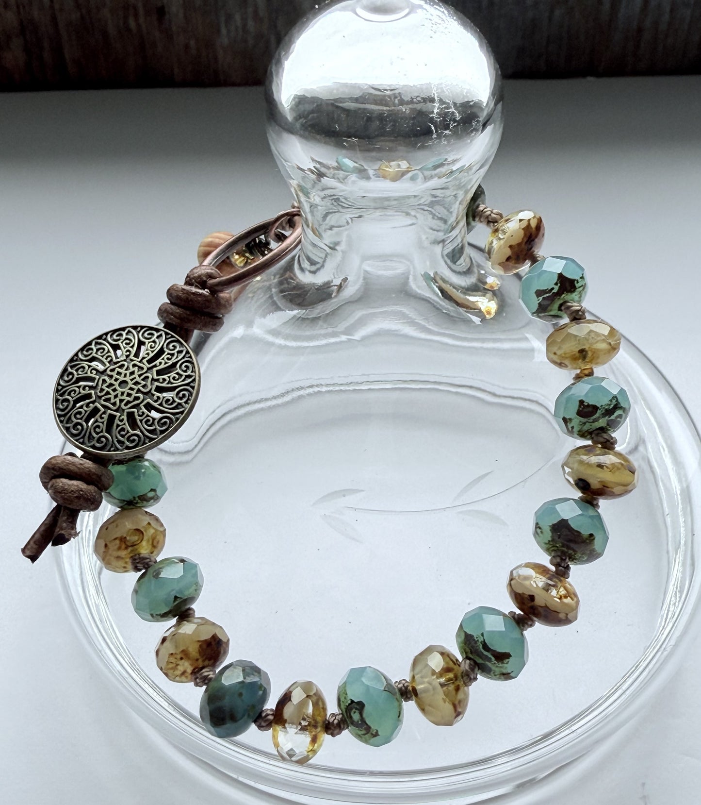 Tea Green & Ivory Czech Glass Knotted Bracelet with Leather