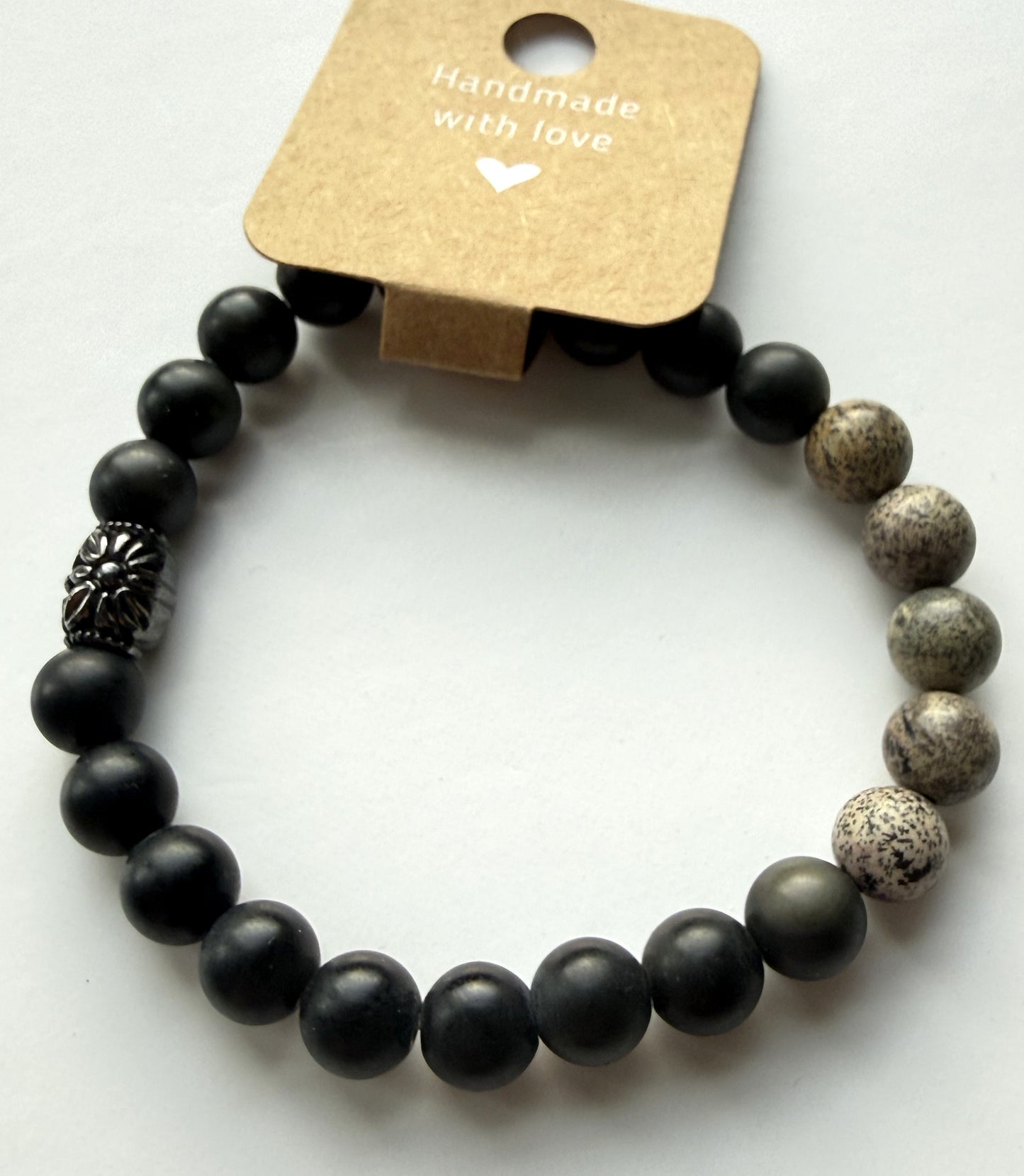 Matte Black Obsidian & Jasper Beads Stretch Bracelet