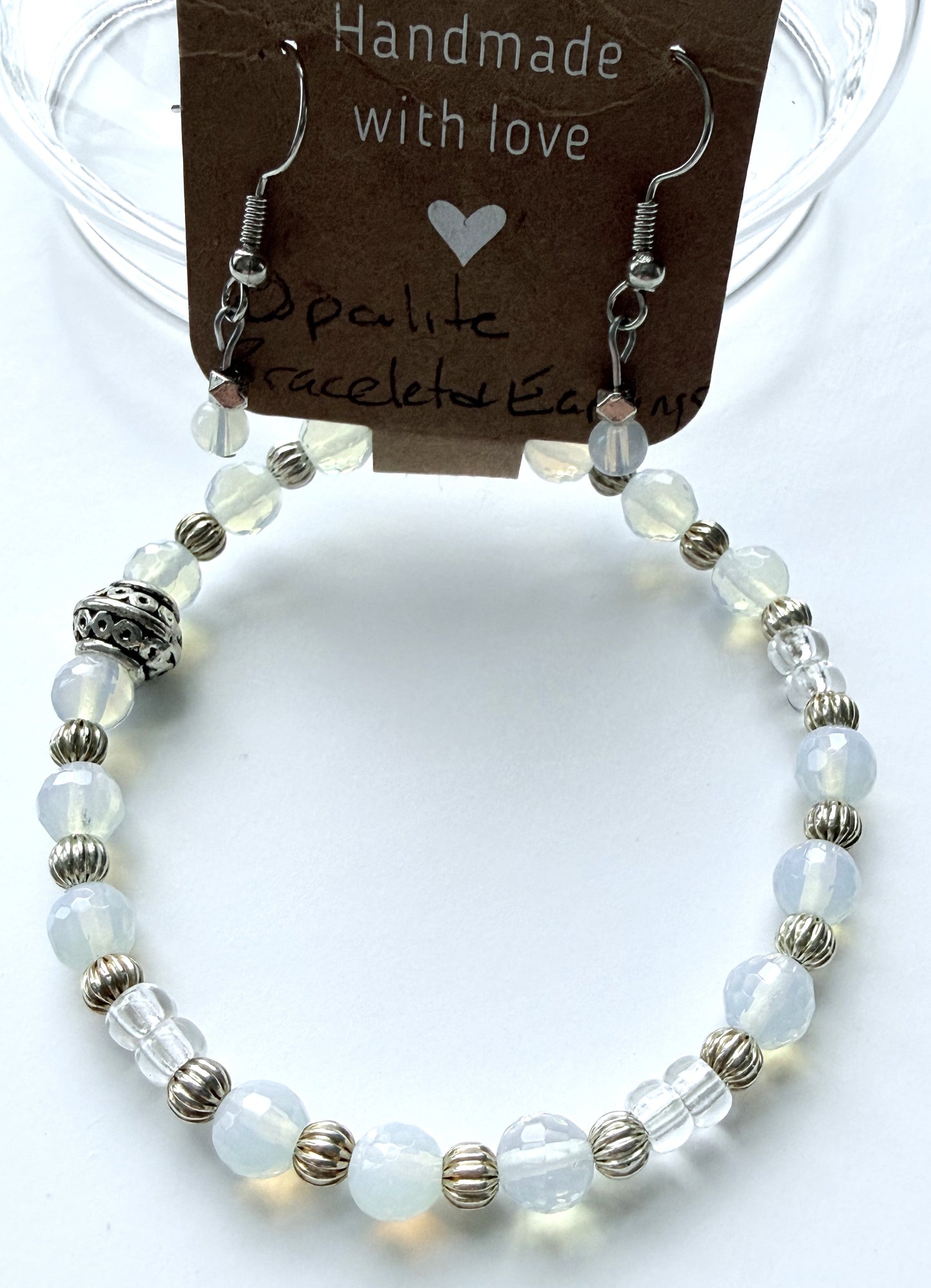 Opalite, Clear Miyuki Seed Beads with Silver Accents Stretch Bracelet & Earring Set