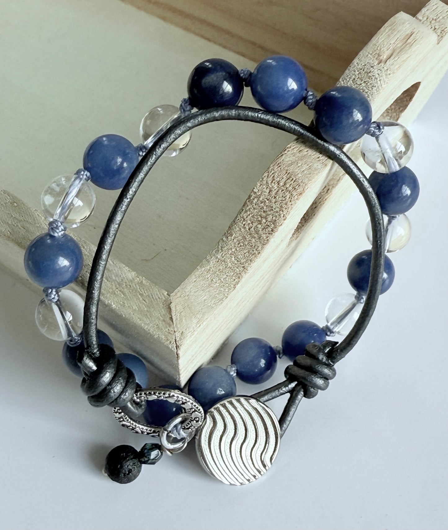 Double-Wrap Knotted Bracelet, Blue Aventurine & Crystal Quartz Gemstone Beads with Leather Cord Accent