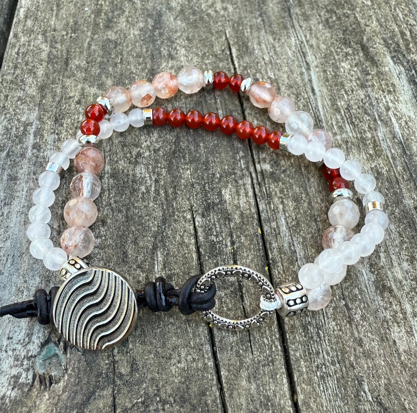 Double-Strand Bracelet with Red Silk Quartz & White Aura Quartz