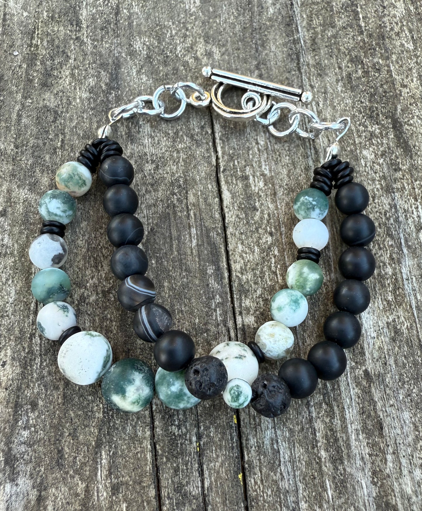 Double-Strand Bracelet with Black Banded Agate & Moss Tree Agate
