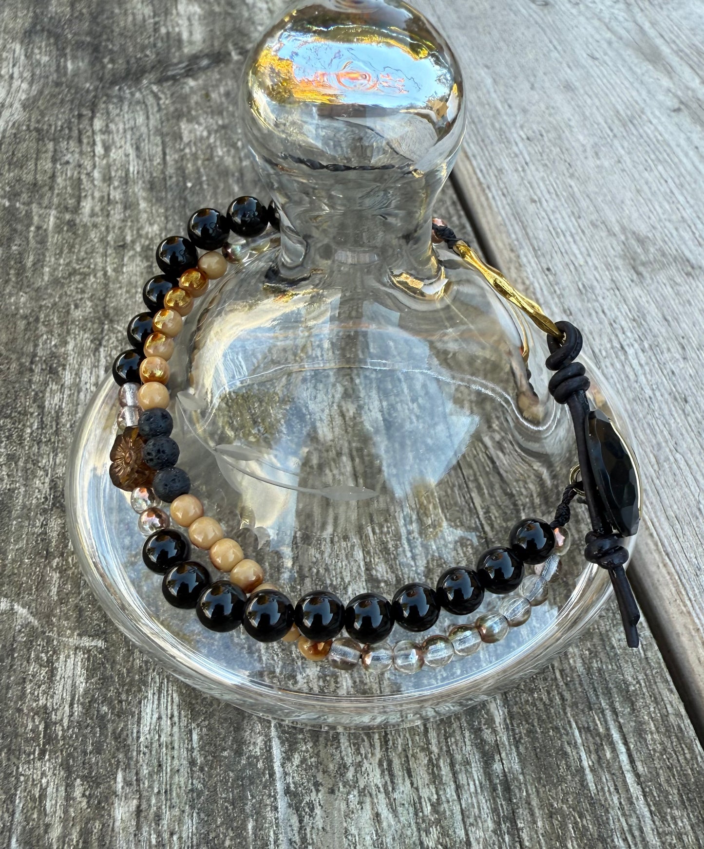 Double-Strand Bracelet with Black Agate & Czech Glass