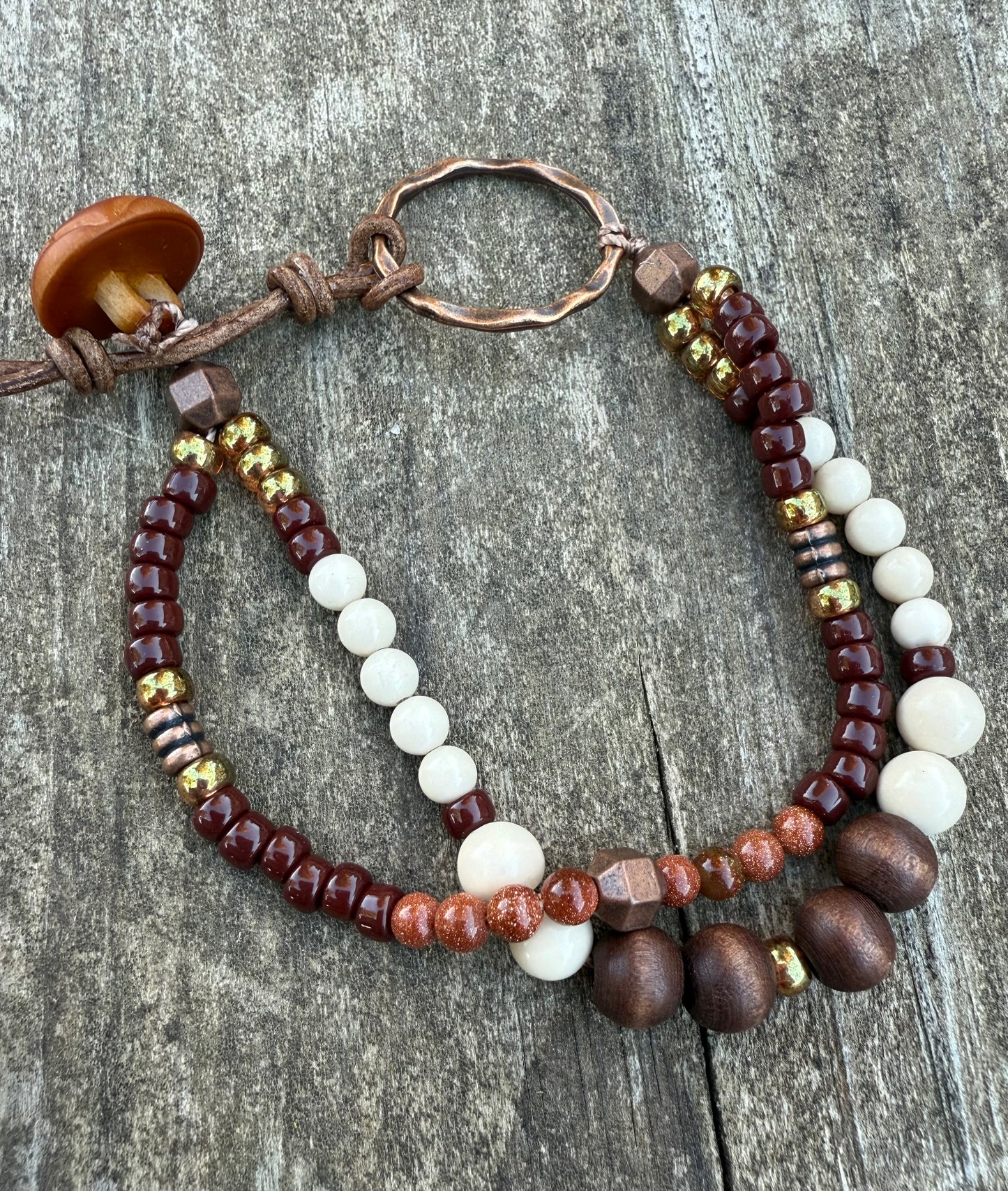 Double-Strand Bracelet with Fossil Jasper, Wood & Seed Beads