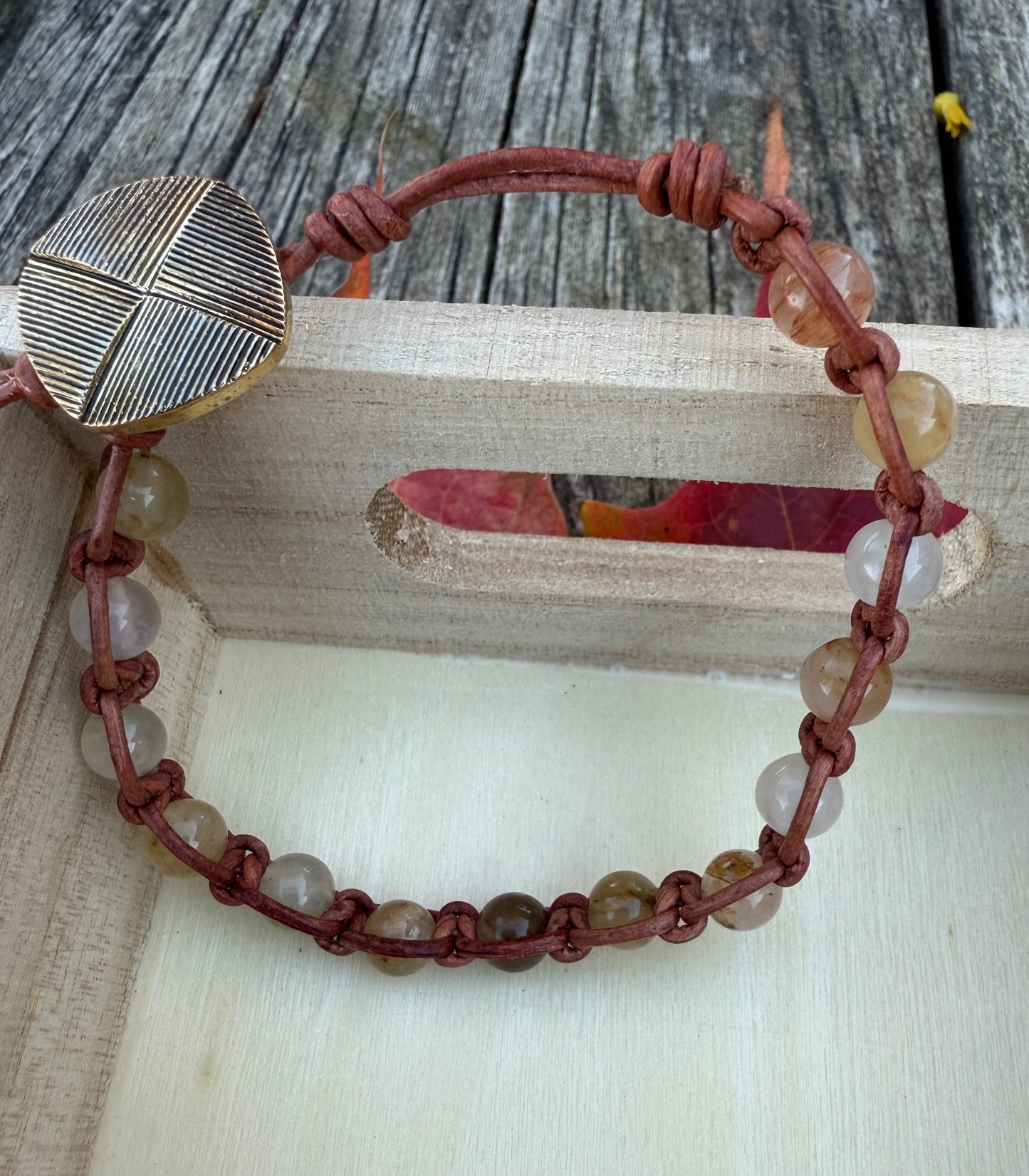 Leather Bracelet with Translucent Green Crystal Quartz Gemstone Beads