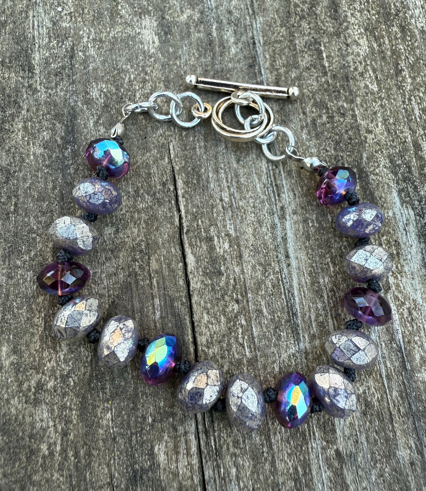 Purple & Silver Czech Glass Knotted Bracelet