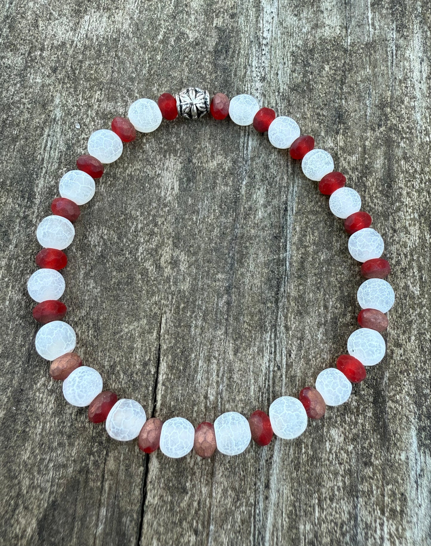 White Crackle Quartz & Red Czech Glass Stretch Bracelet