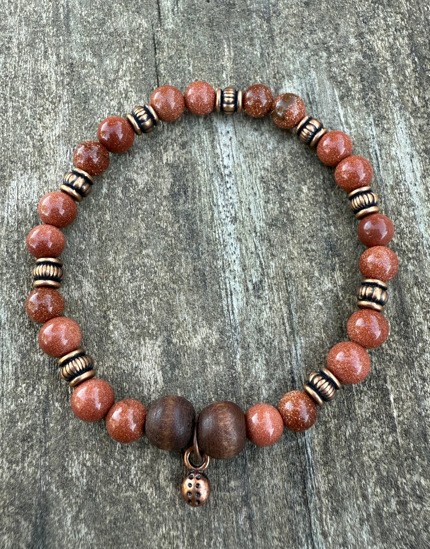 Goldstone, Wood & Copper Stretch Bracelet