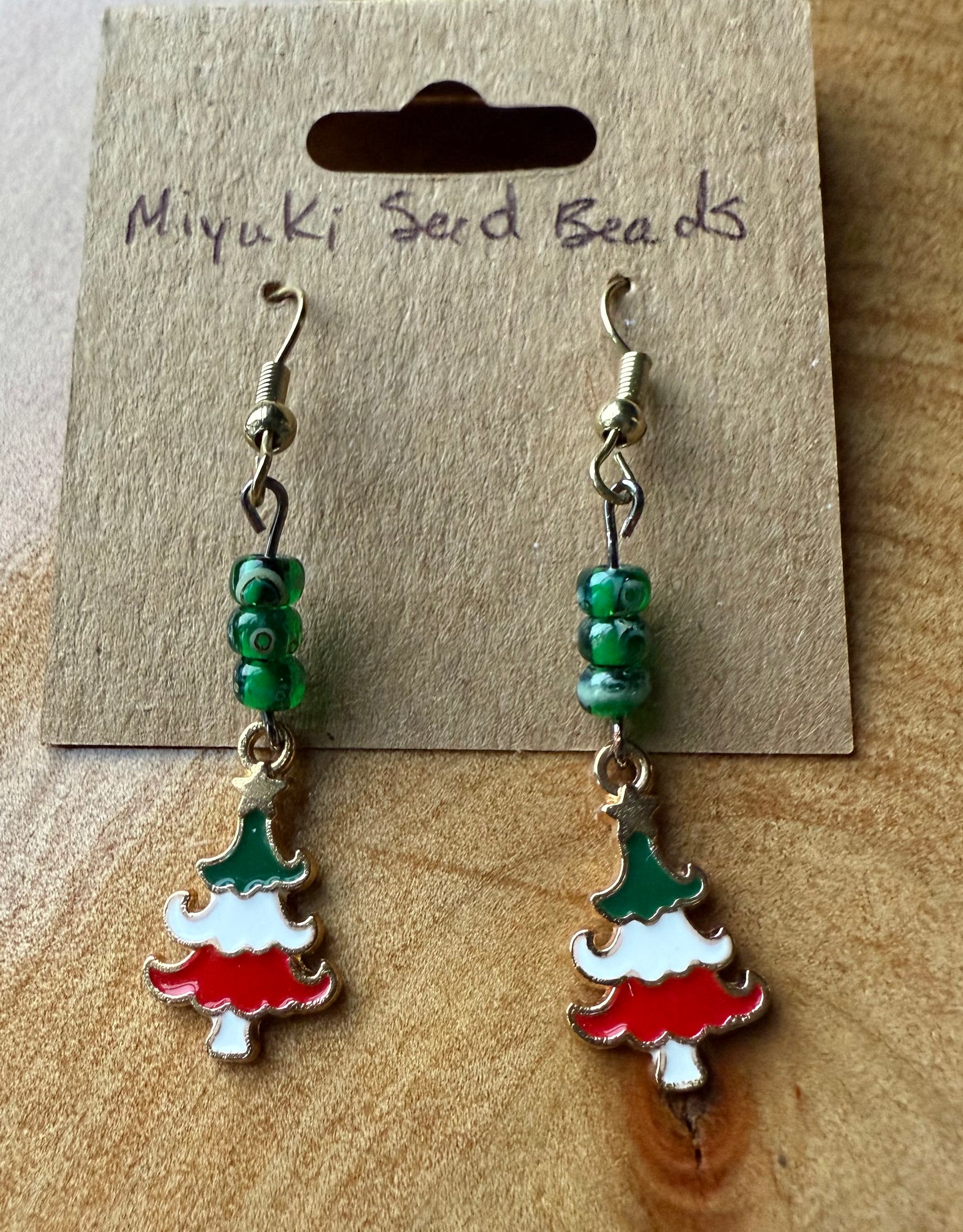 Green Miyuki Seed Bead Earrings with Christmas Tree Charm