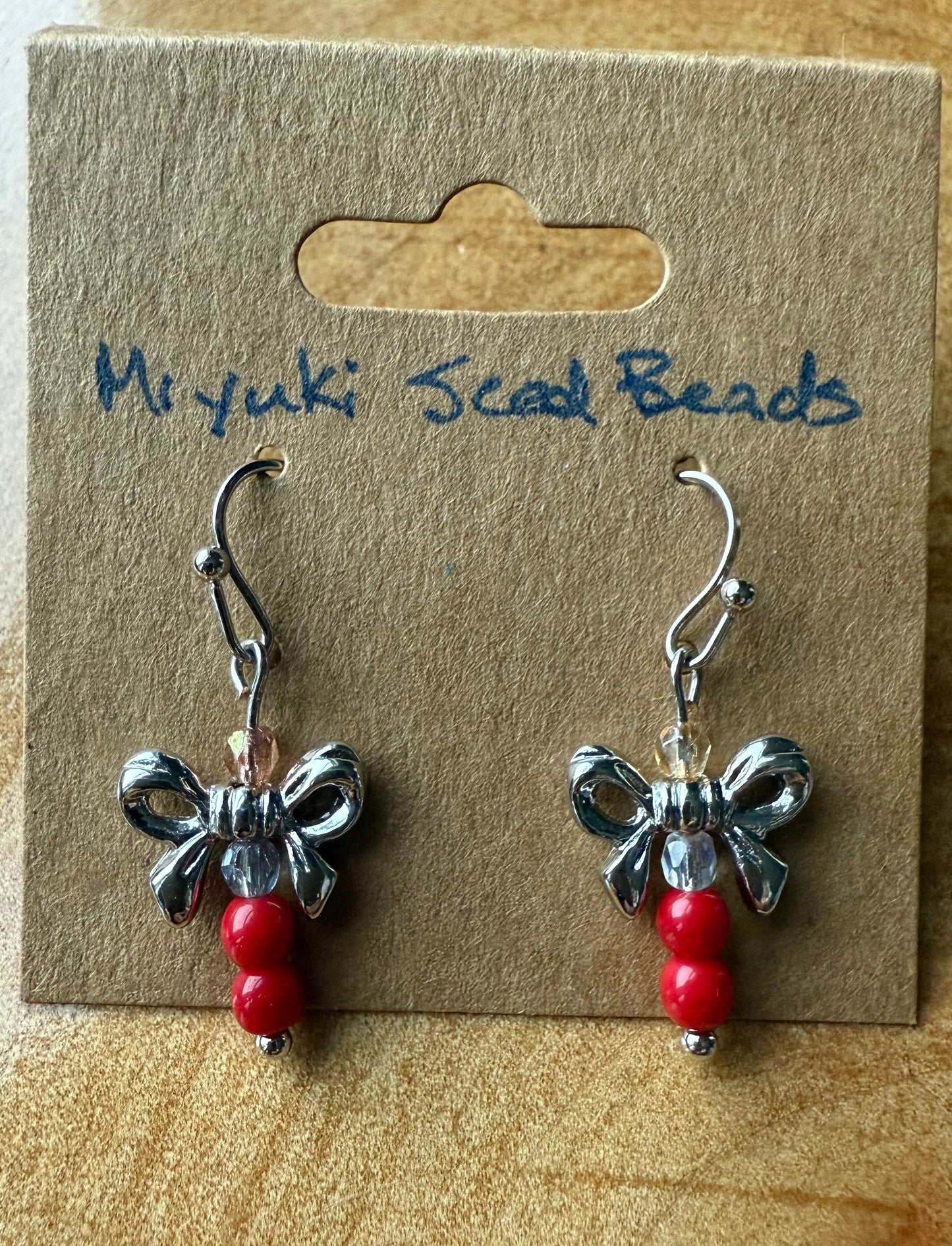 Red & White Miyuki Seed Bead Earrings with Silver Bow Charm