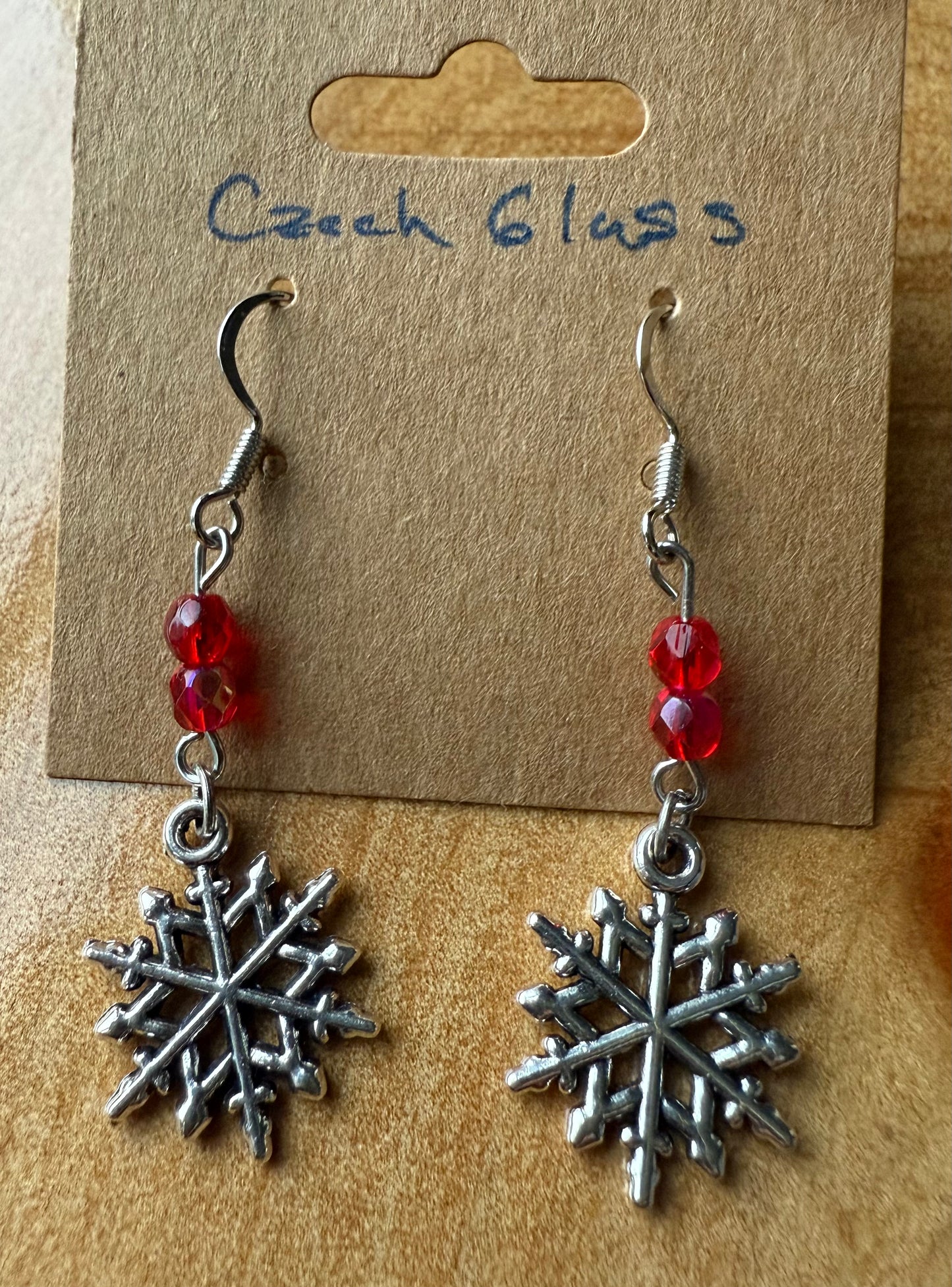 Red & White Czech Glass Earrings with Silver Star Charm