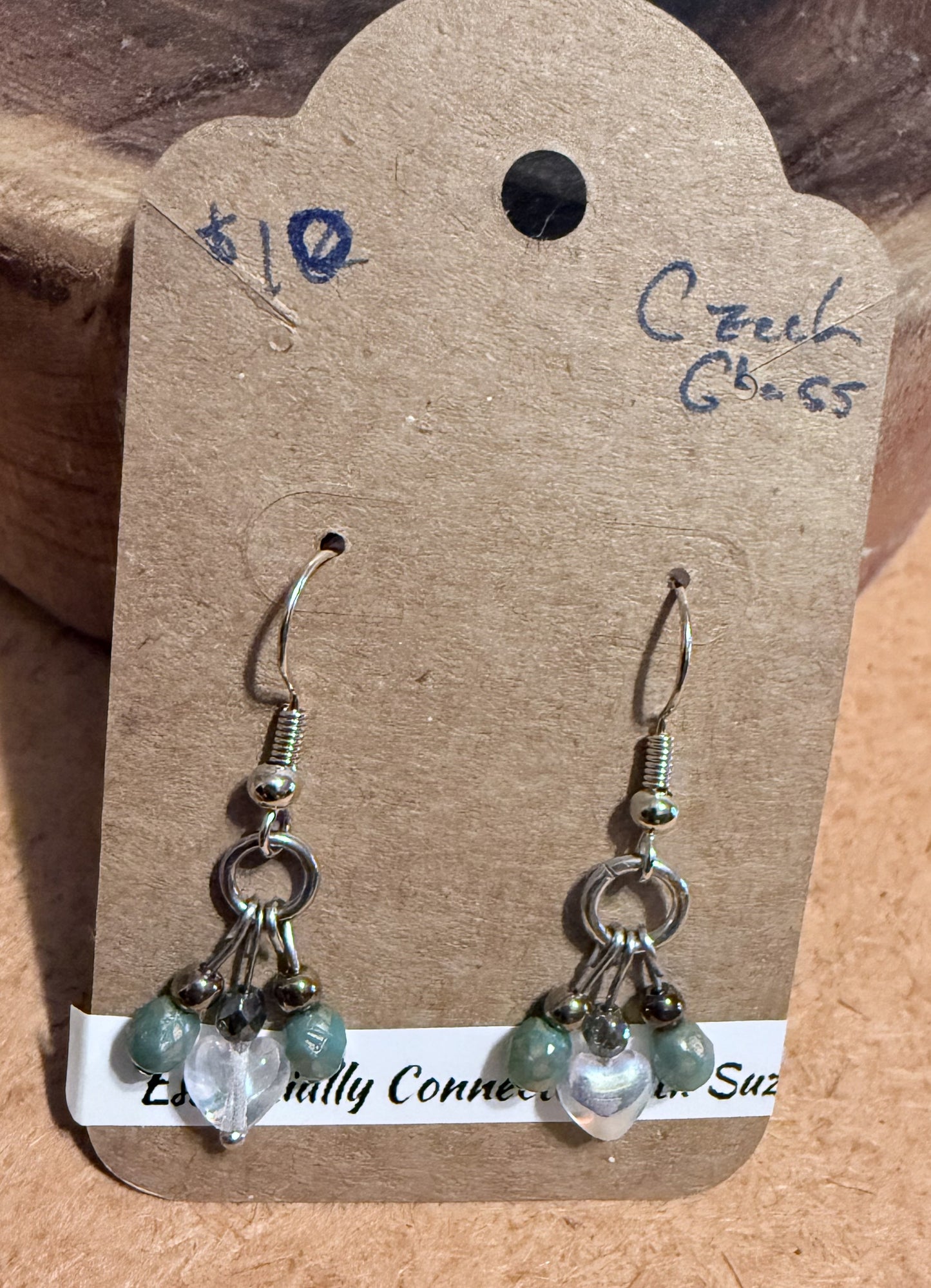 Czech Glass Iridescent Hearts & Green Czech Beads Earrings