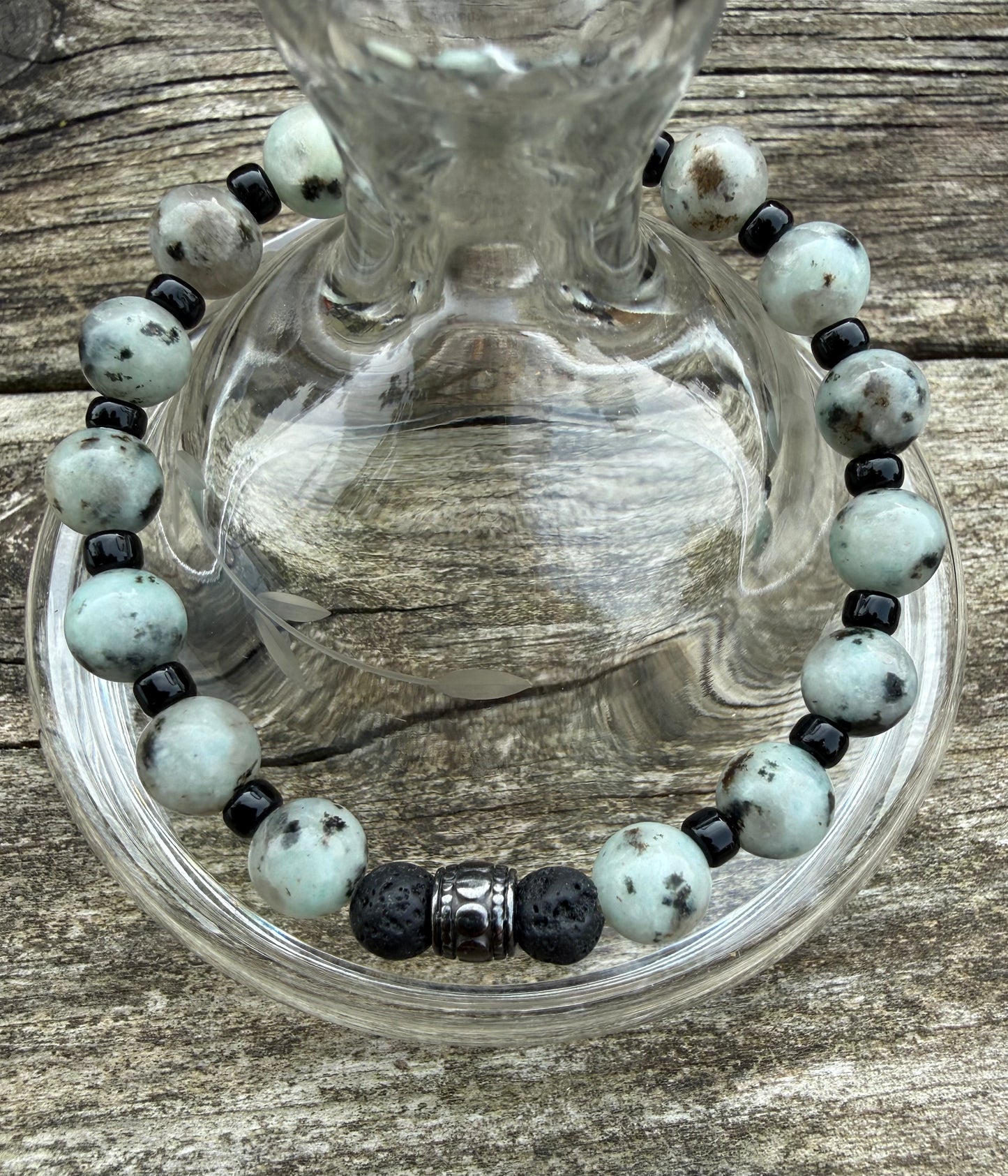 Grey/Green Kiwi Jasper & Black Seed Beads Stretch Bracelet