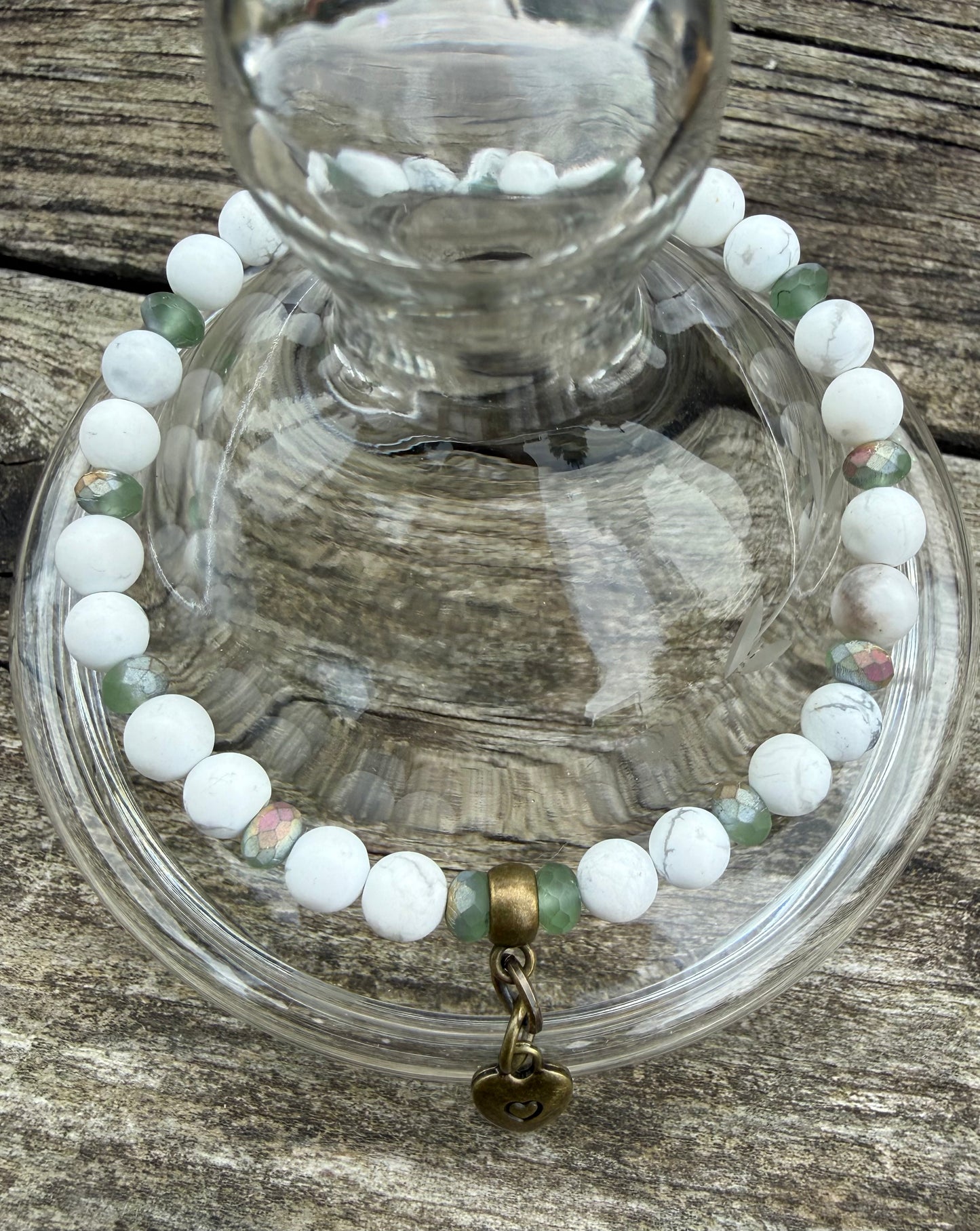 White Howlite & Green Czech Glass with Charm Stretch Bracelet
