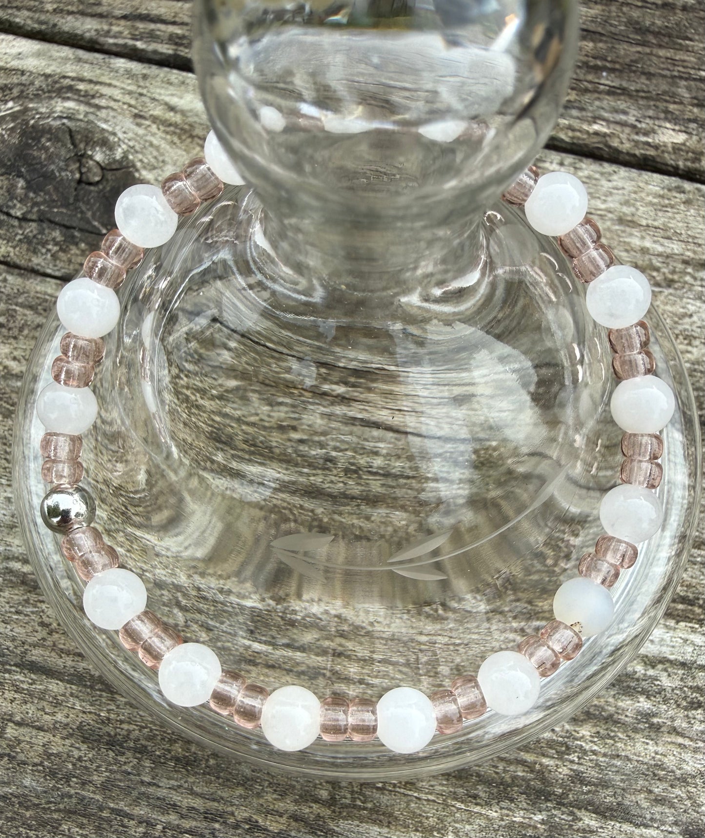 White Jade & Pink Miyuki Seed Beads Stretch Bracelet