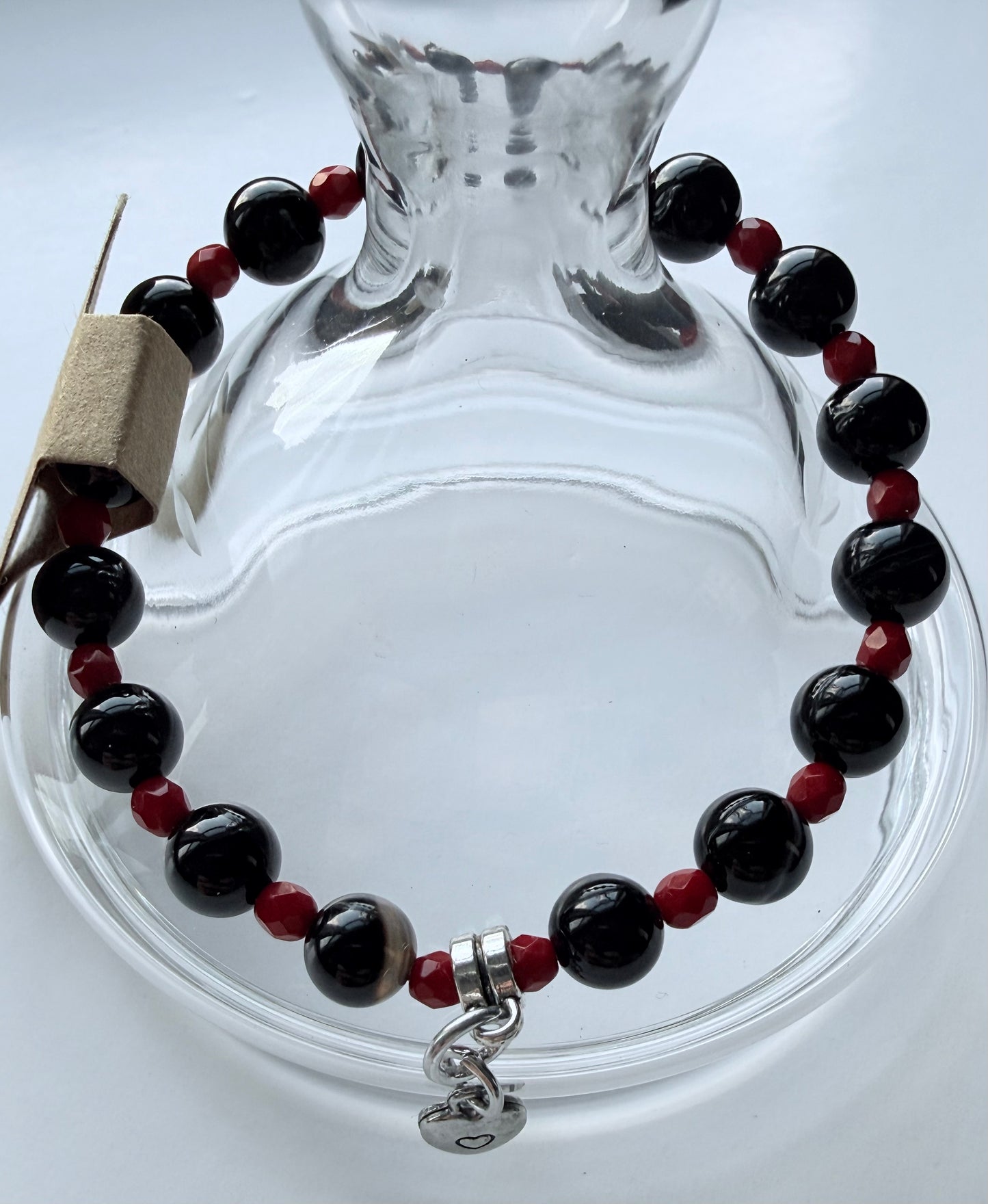 Black Banded Agate, Red Czech Glass & Heart Charm Stretch Bracelet