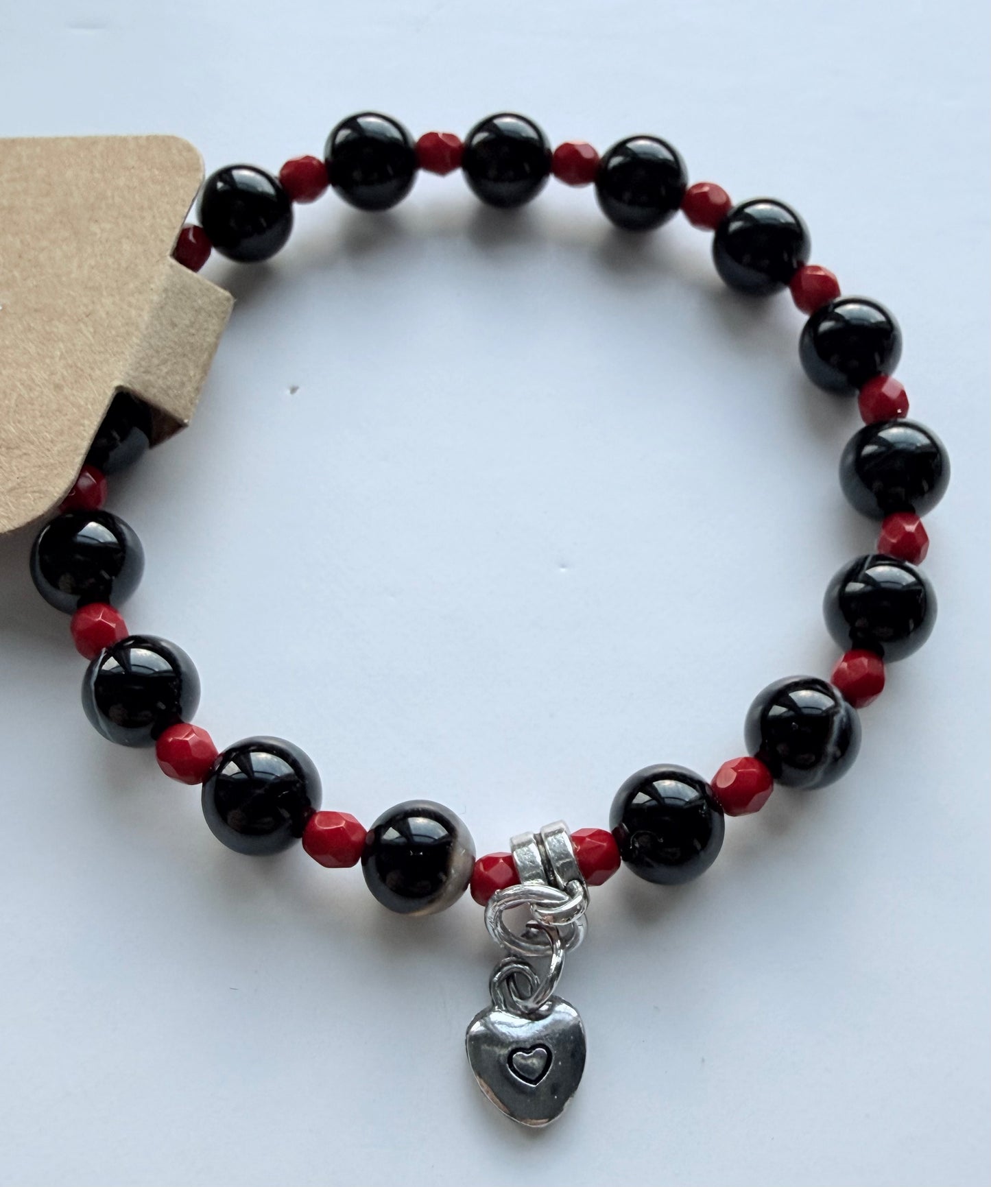 Black Banded Agate, Red Czech Glass & Heart Charm Stretch Bracelet