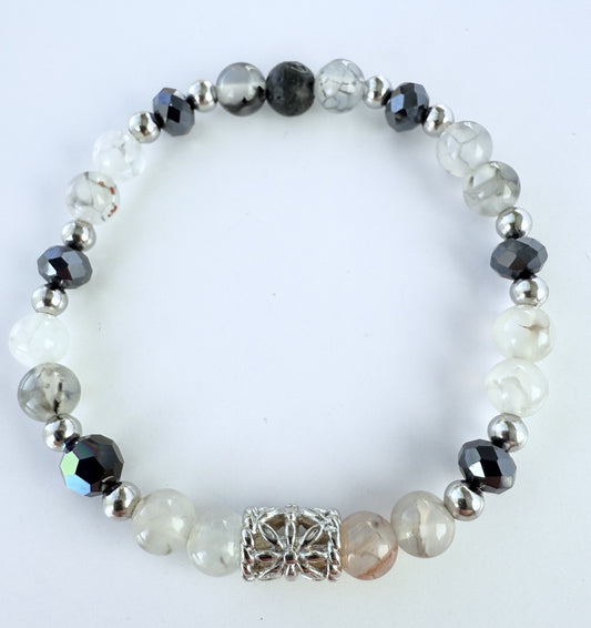 Grey Agate Gemstone & Black Glass Beaded Stretch Bracelet