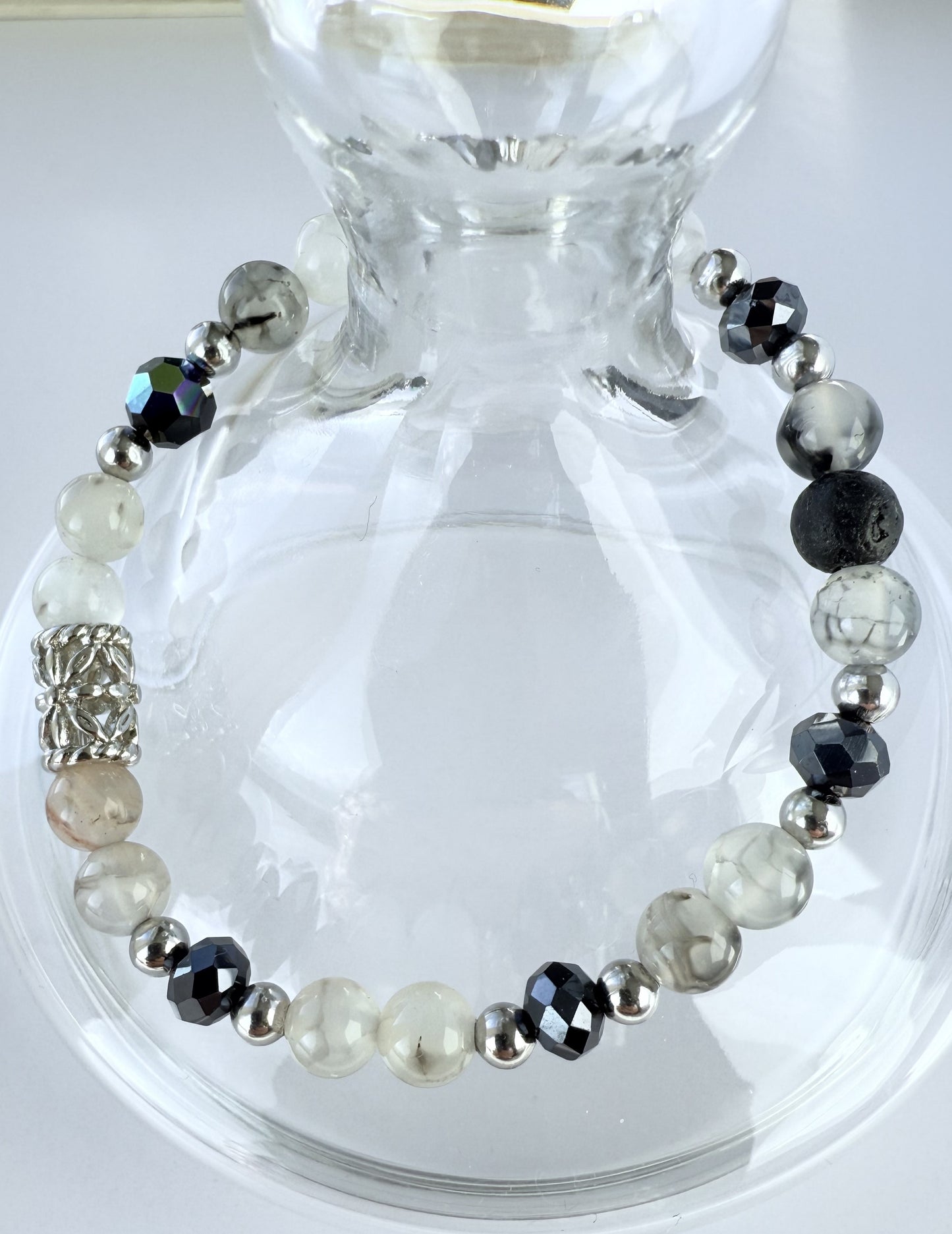Grey Agate Gemstone & Black Glass Beaded Stretch Bracelet