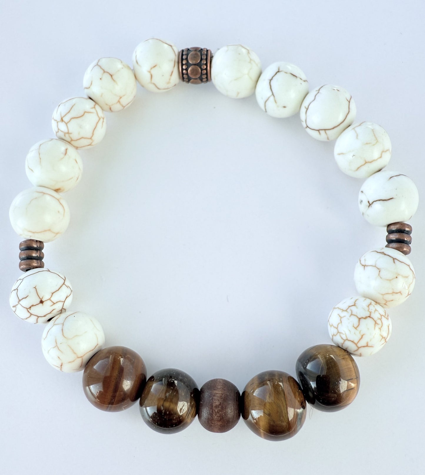 Off-White Howlite & Brown Tiger's Eye Gemstone Beaded Stretch Bracelet