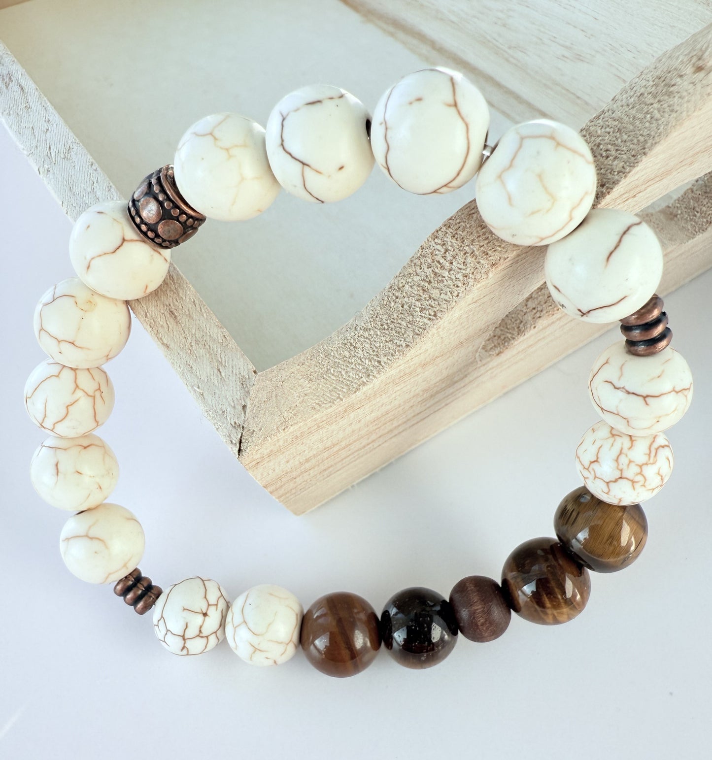 Off-White Howlite & Brown Tiger's Eye Gemstone Beaded Stretch Bracelet