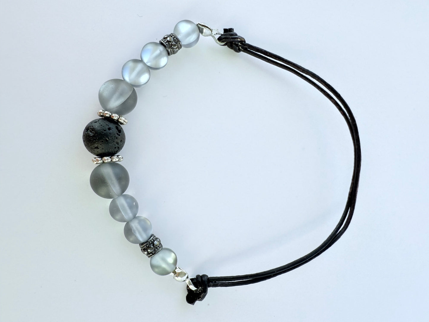 Leather & Stretch Cord Bracelet with Translucent Grey Aura Quartz Beads