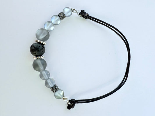 Leather & Stretch Cord Bracelet with Translucent Grey Aura Quartz Beads