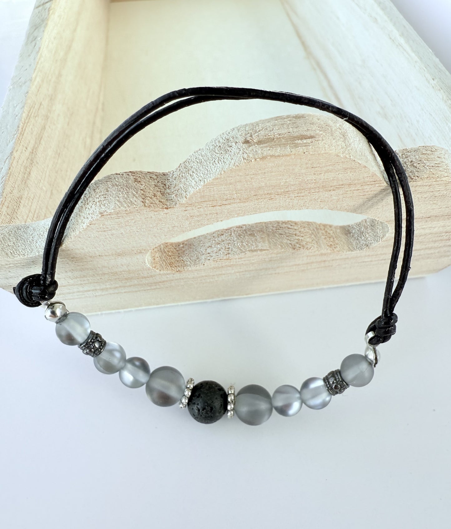 Leather & Stretch Cord Bracelet with Translucent Grey Aura Quartz Beads