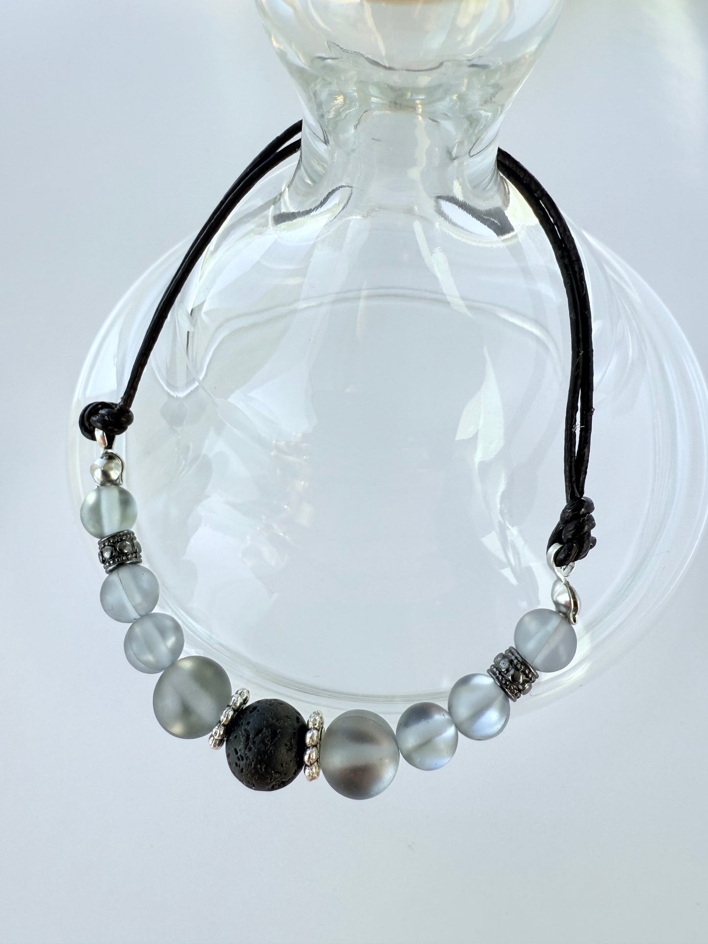 Leather & Stretch Cord Bracelet with Translucent Grey Aura Quartz Beads