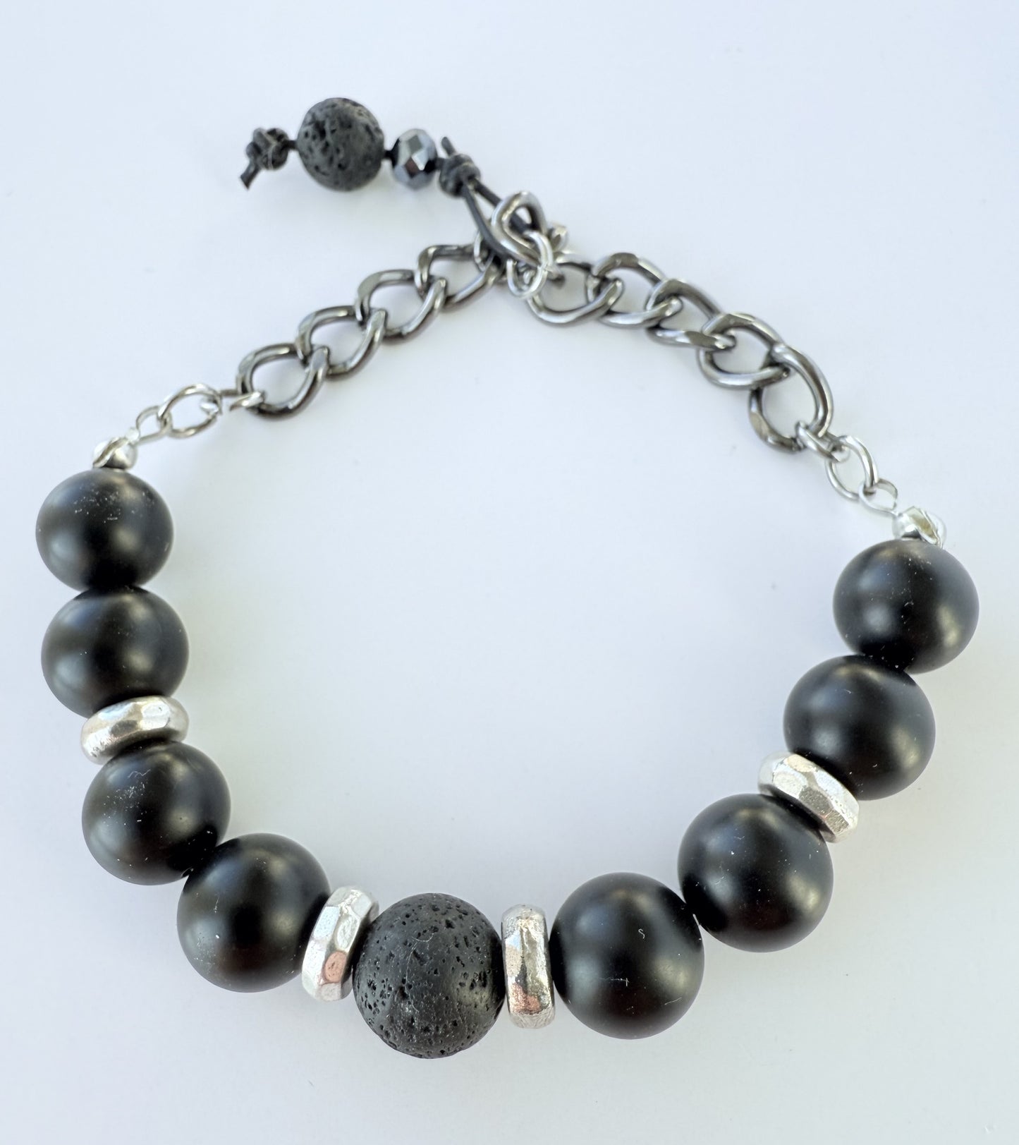 Black Matte Jasper Gemstone Beaded Stretch Bracelet with Silver Chain