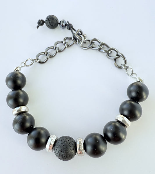 Black Matte Jasper Gemstone Beaded Stretch Bracelet with Silver Chain