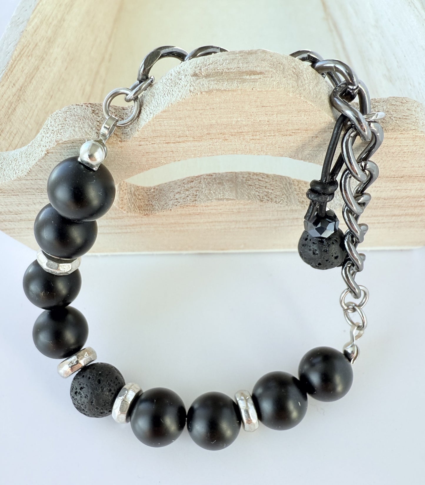 Black Matte Jasper Gemstone Beaded Stretch Bracelet with Silver Chain